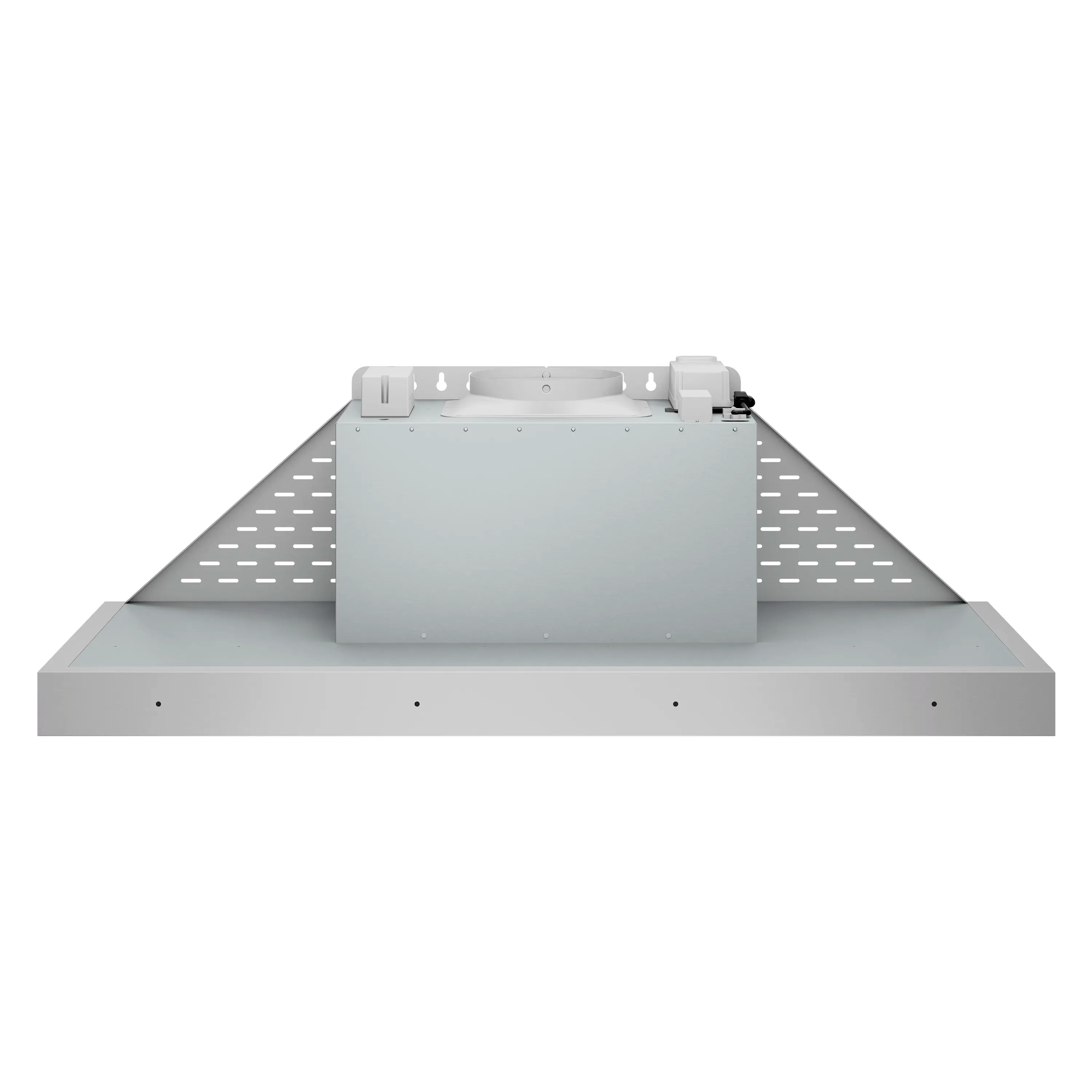 Stainless steel range hood insert with rectangular duct collar and vent panel
