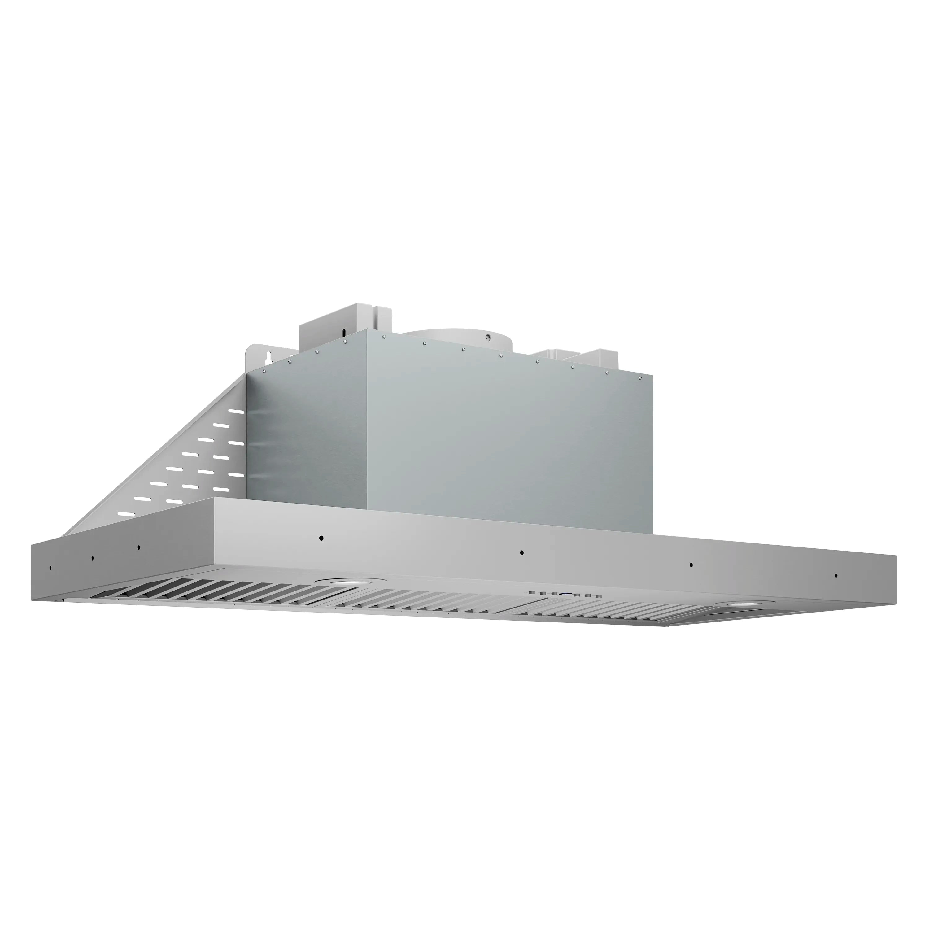 Stainless steel range hood insert with underside vent grille and side baffles