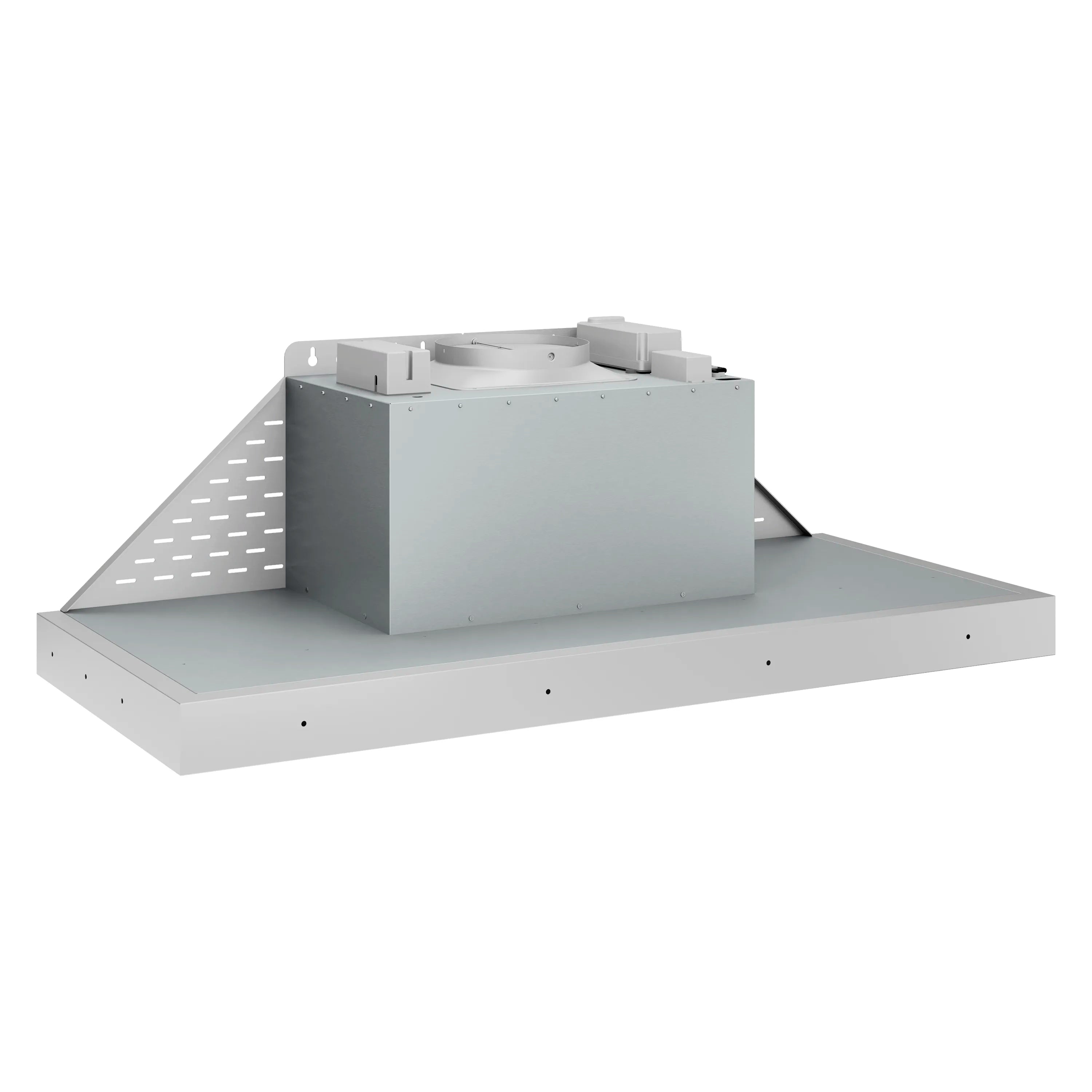 Stainless steel range hood insert underside view with vent openings and duct housing