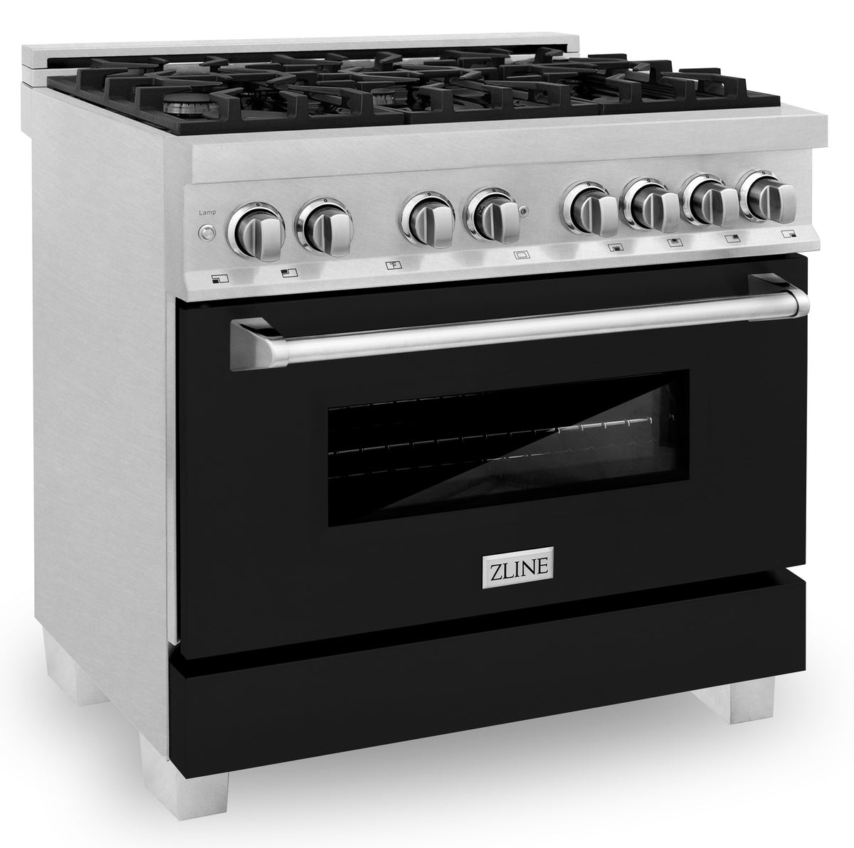 Dual fuel range with black matte door panel, stainless frame, and side oven handle