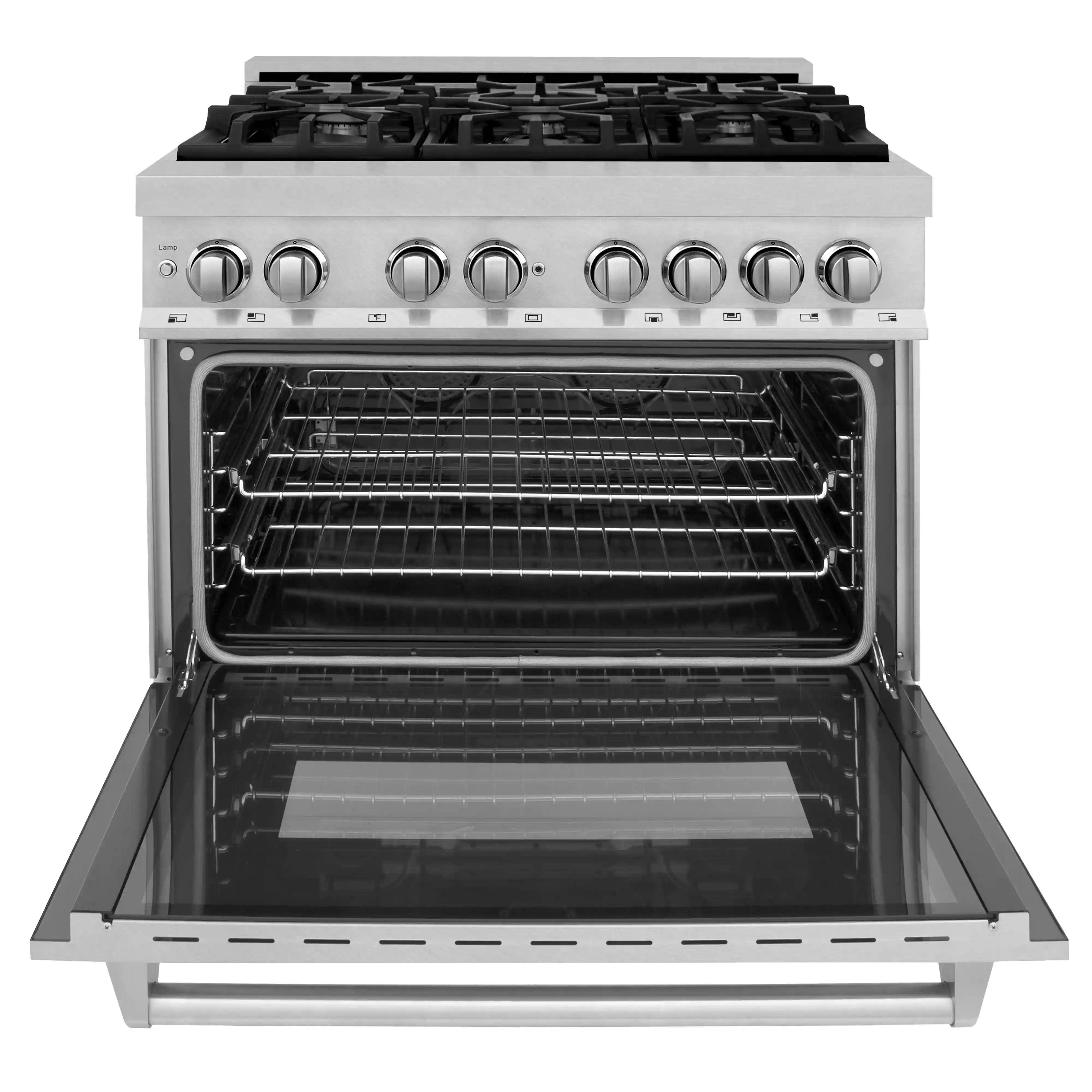 Dual fuel range with black cooktop grates and open oven cavity