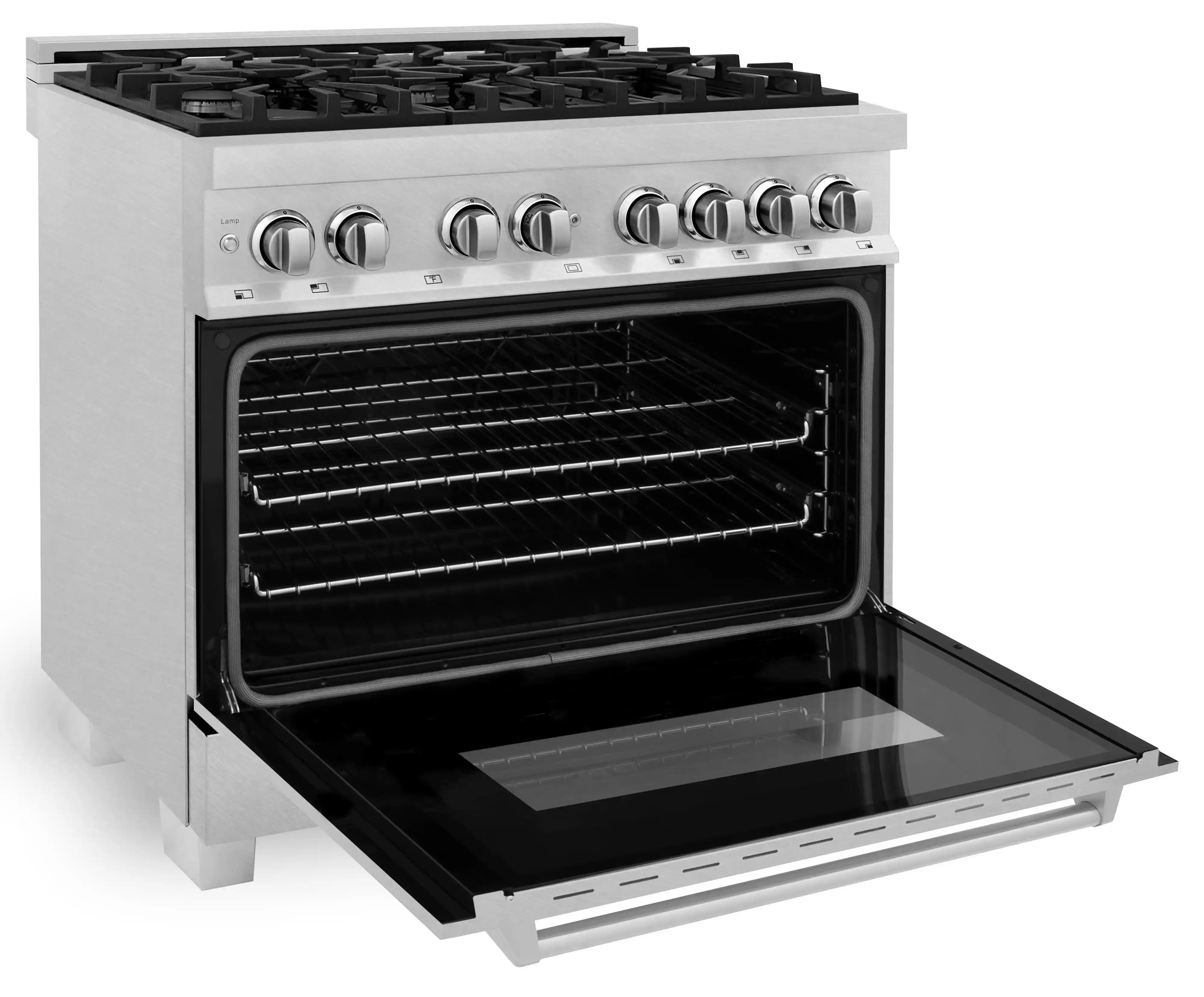 Dual fuel range open oven door showing interior racks