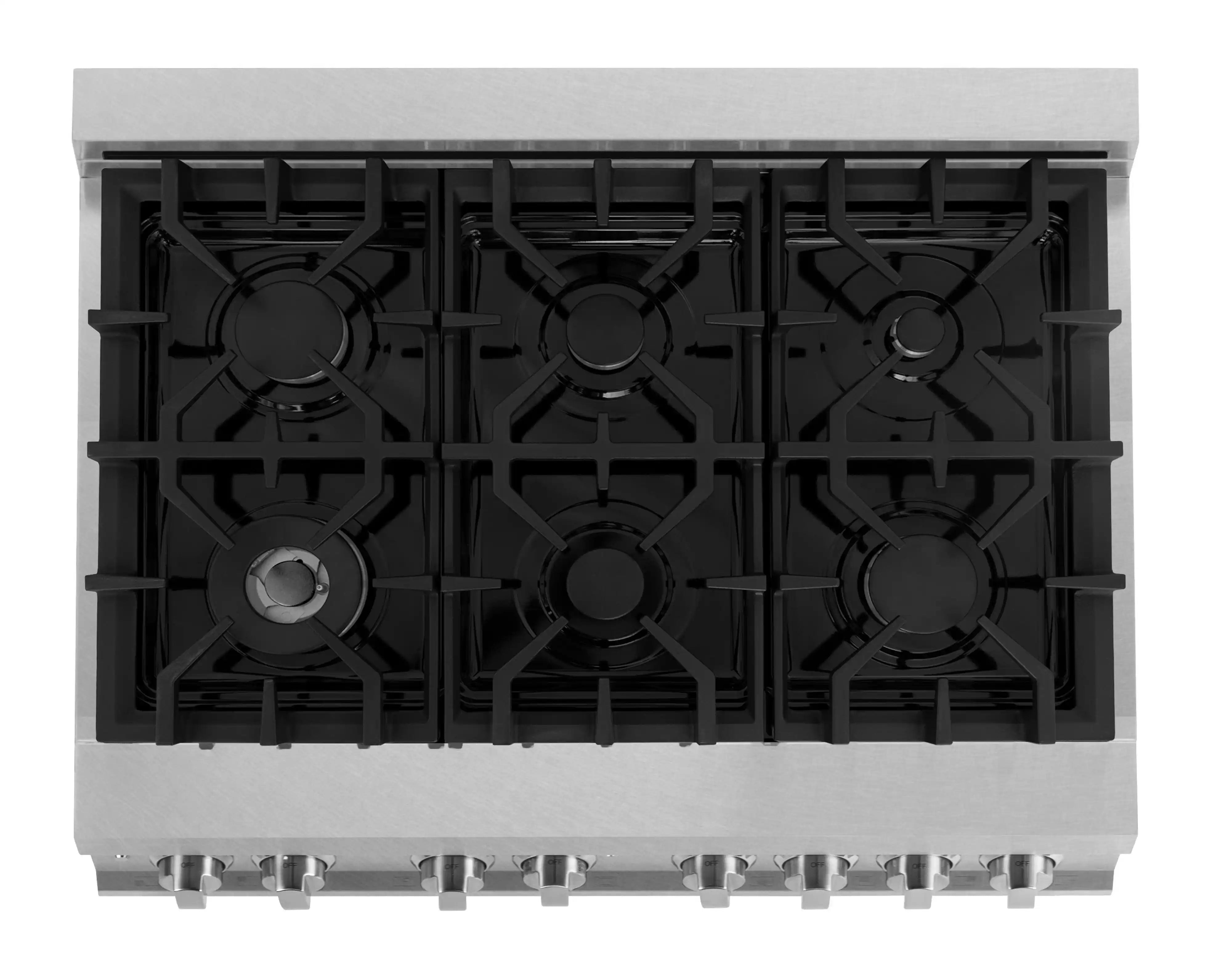 Dual fuel range cooktop with six burner grates