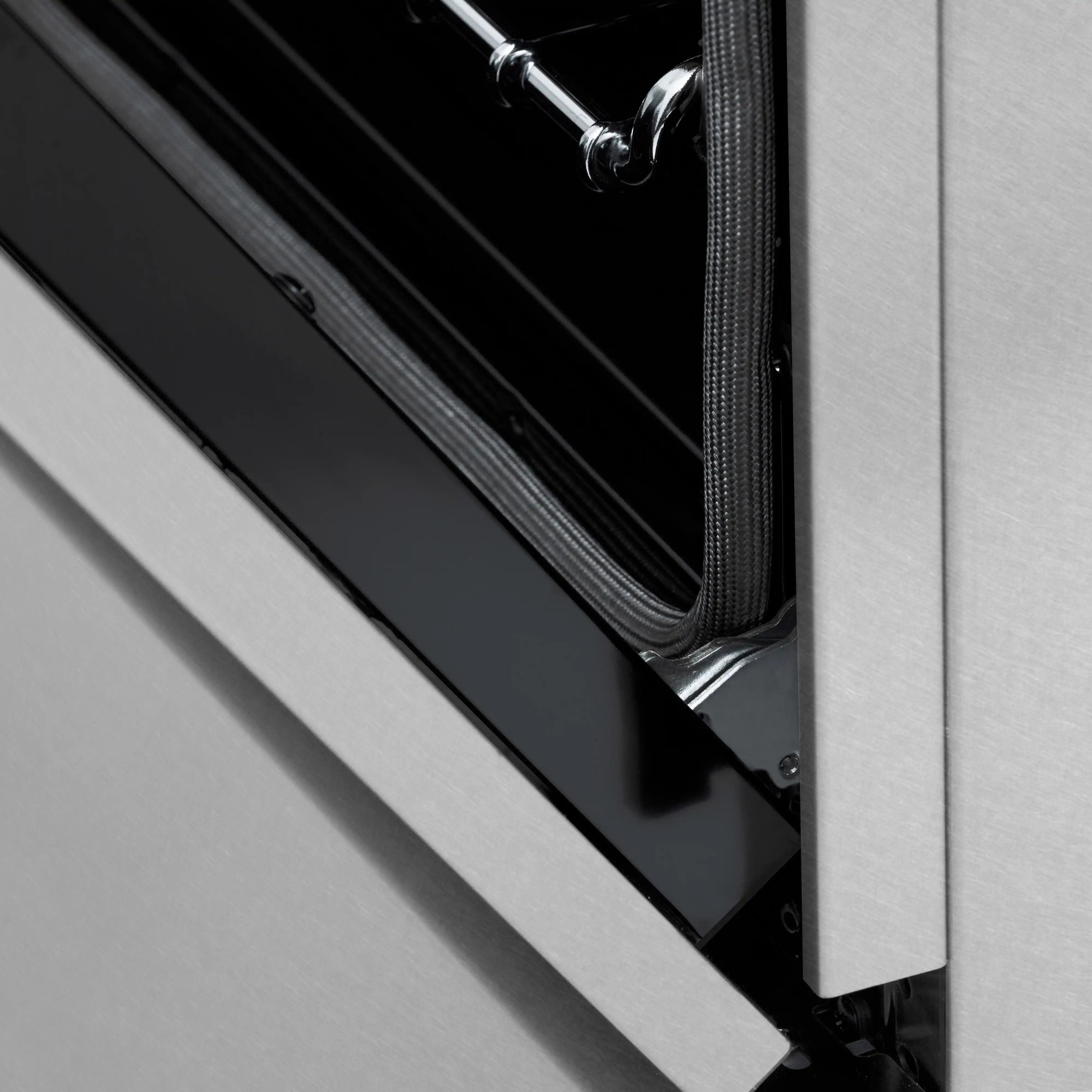 Stainless oven door frame with chrome rack rails and mesh safety panel