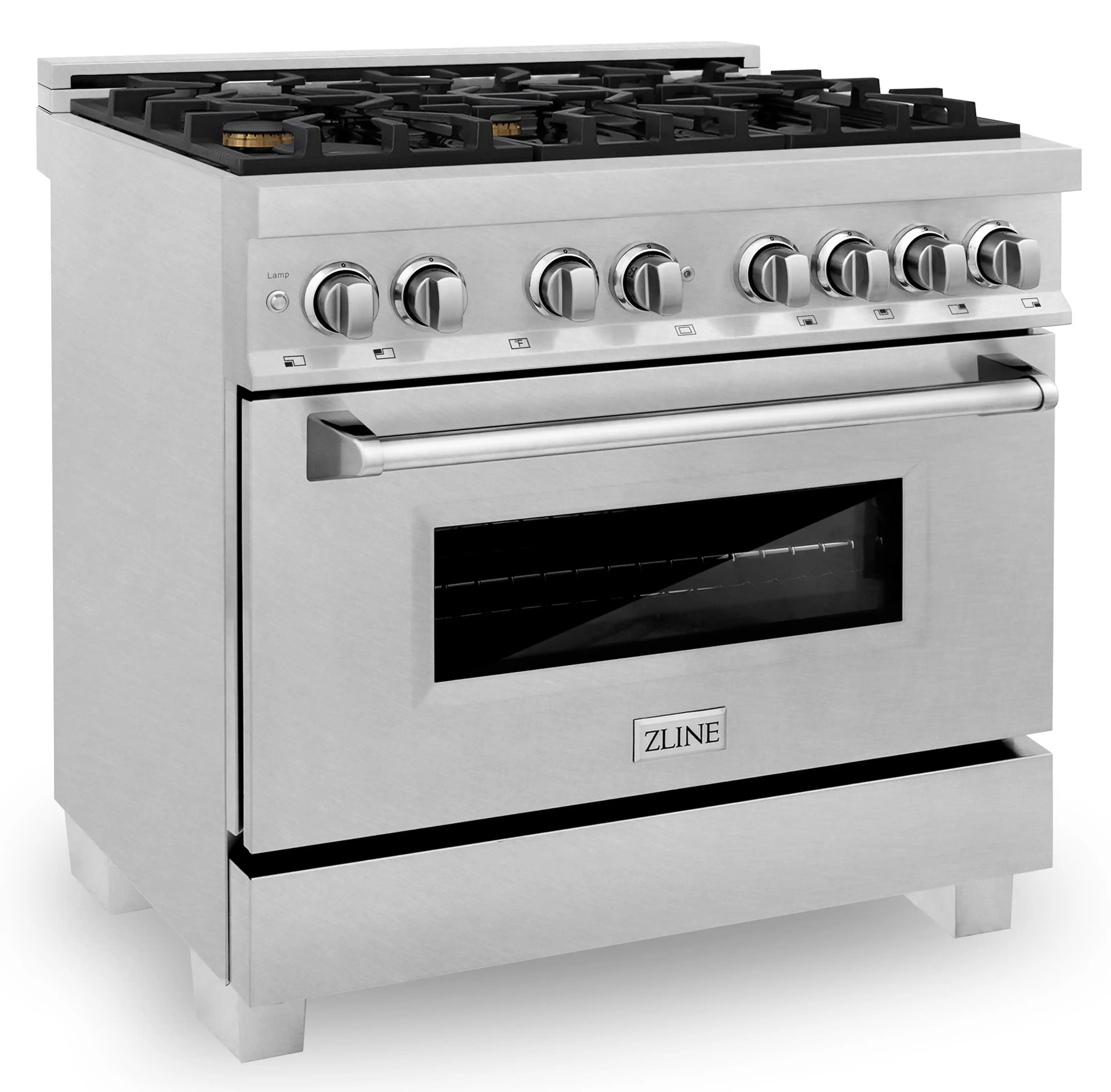 Satin stainless dual fuel range with six brass burner caps and front control knobs
