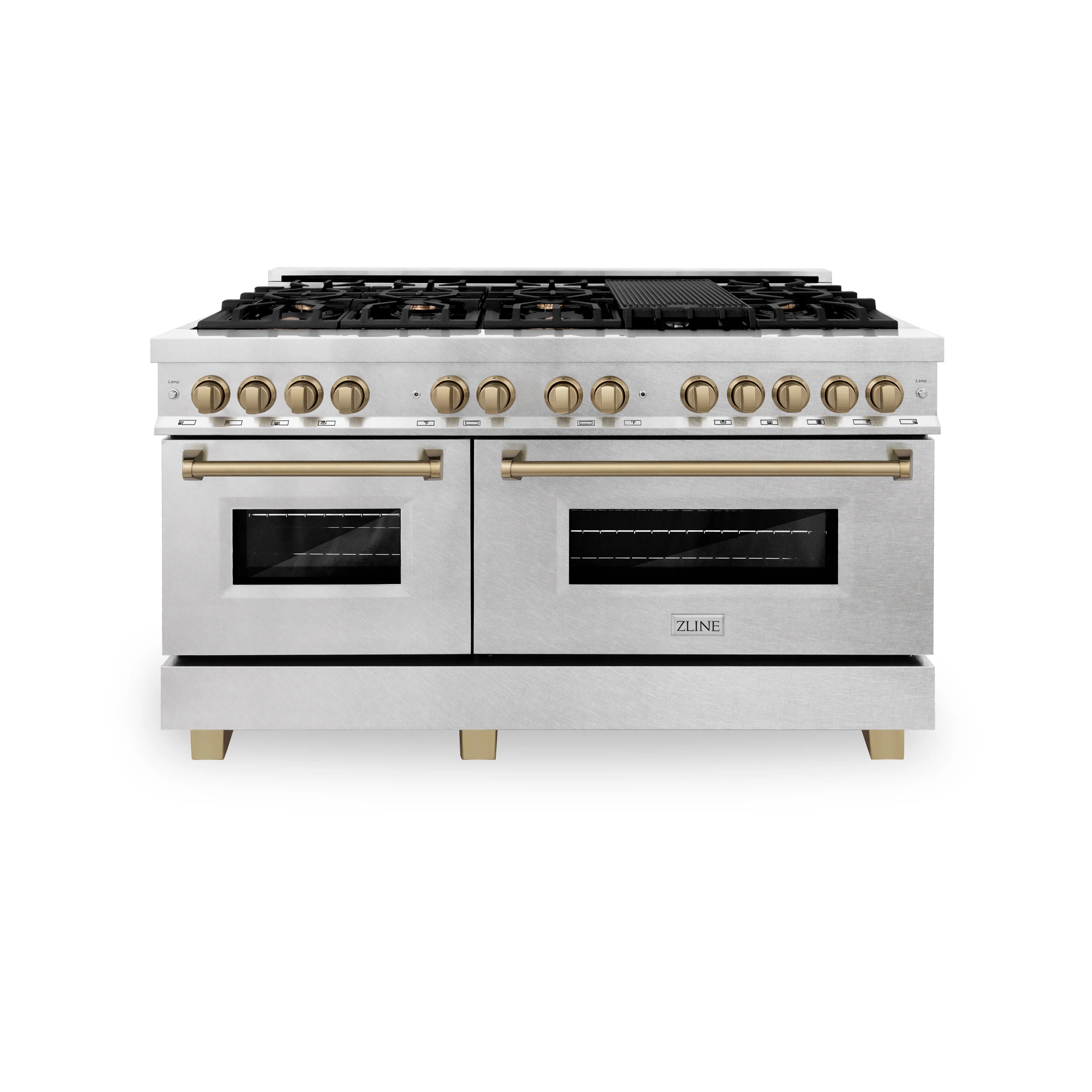 Dual fuel range with black grates, satin stainless body, champagne bronze control knobs