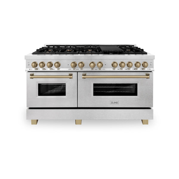 ZLINE Autograph Edition 60-Inch 7.4 cu. ft. Dual Fuel Range with Gas Stove and Electric Oven in DuraSnow Stainless Steel with Champagne Bronze Accents (RASZ-SN-60-CB)