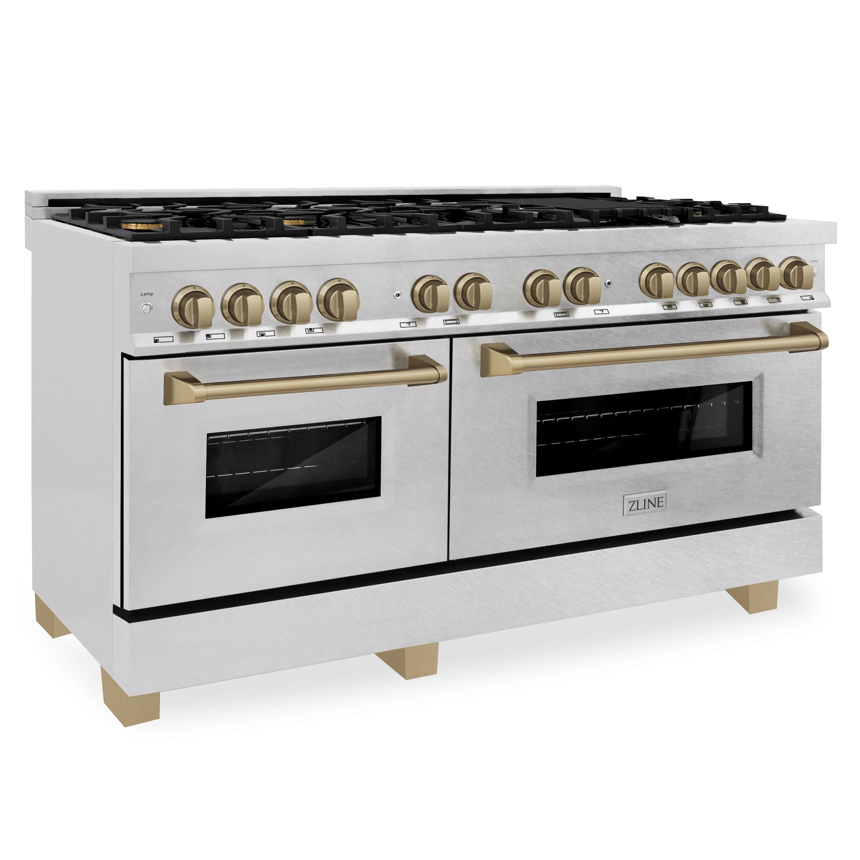 Dual fuel range with satin stainless doors, champagne bronze handles, black grates