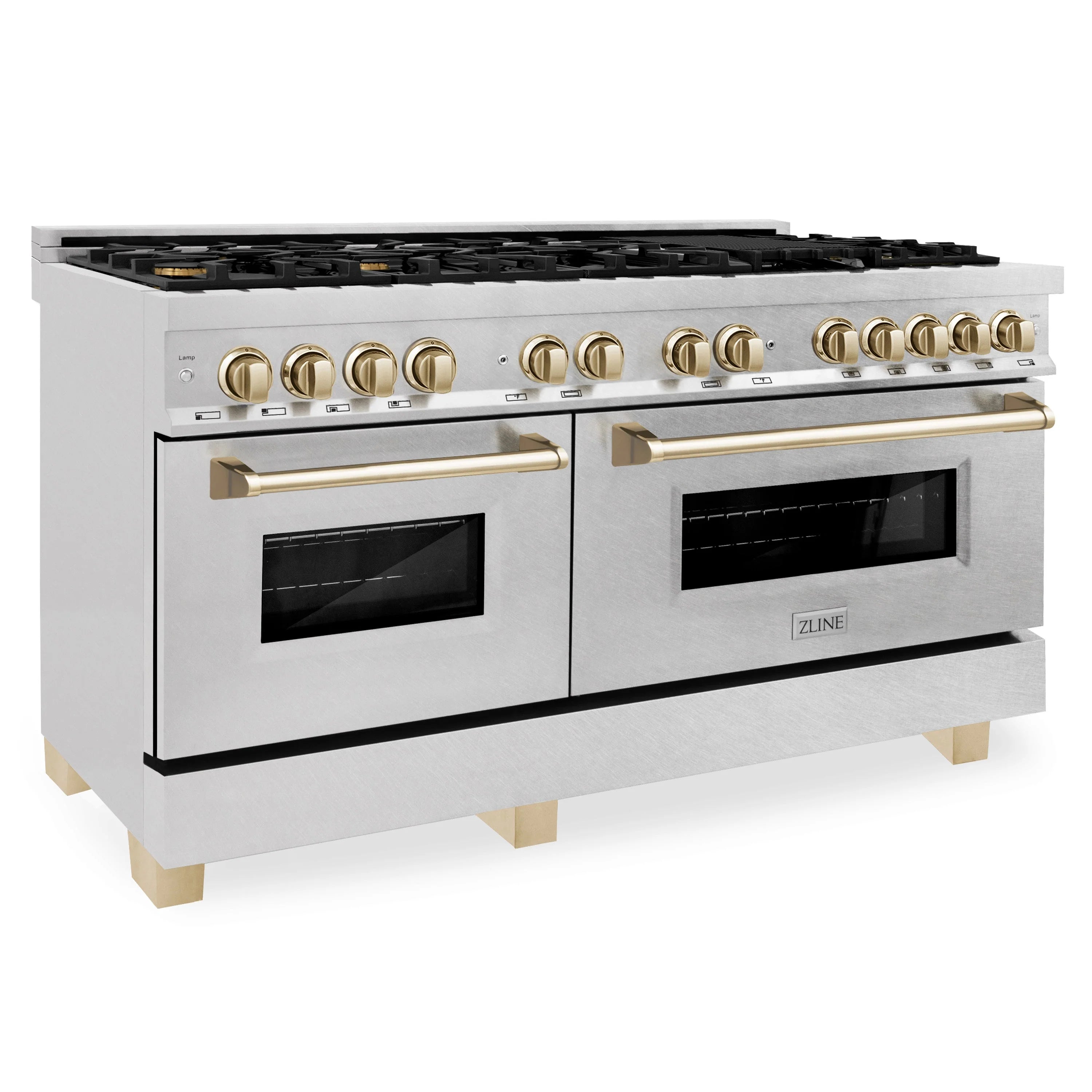 Satin stainless dual fuel range with gold control knobs, twin oven doors, and handles.
