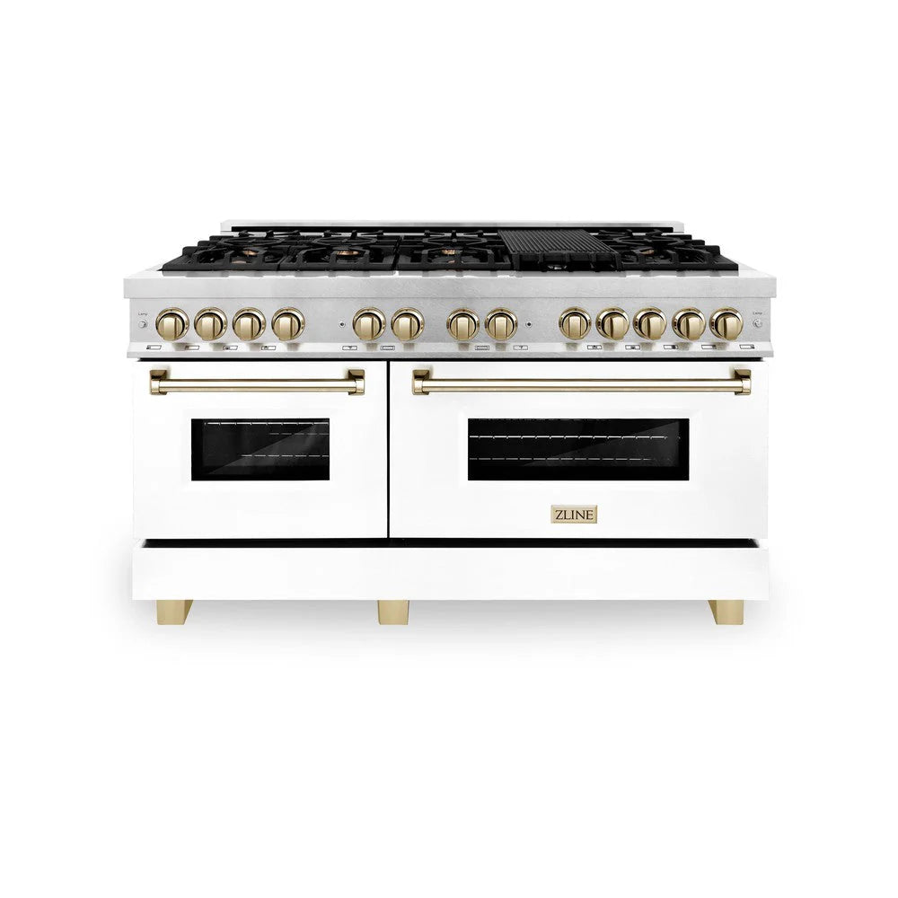 Dual fuel range front in white with gold knobs, black cooktop, and two glass oven doors
