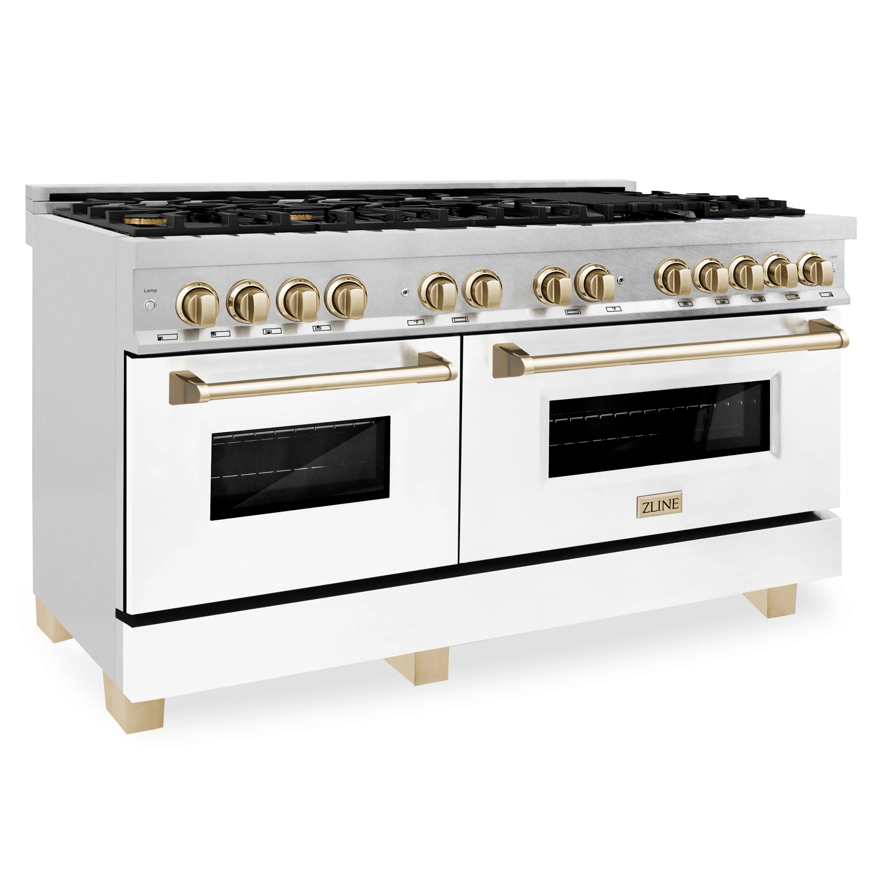 Dual fuel range with white cabinet, gold knobs and handles, and two black glass oven windows