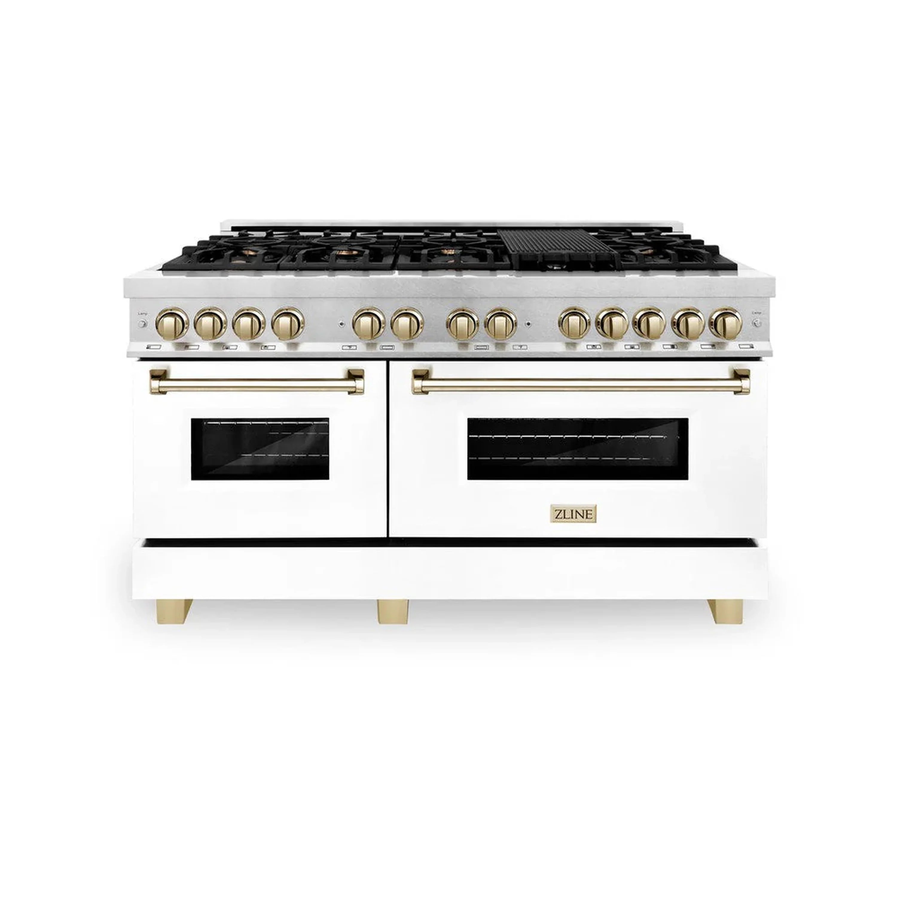 White dual fuel range front with gold knobs, black burner grates, and two oven doors