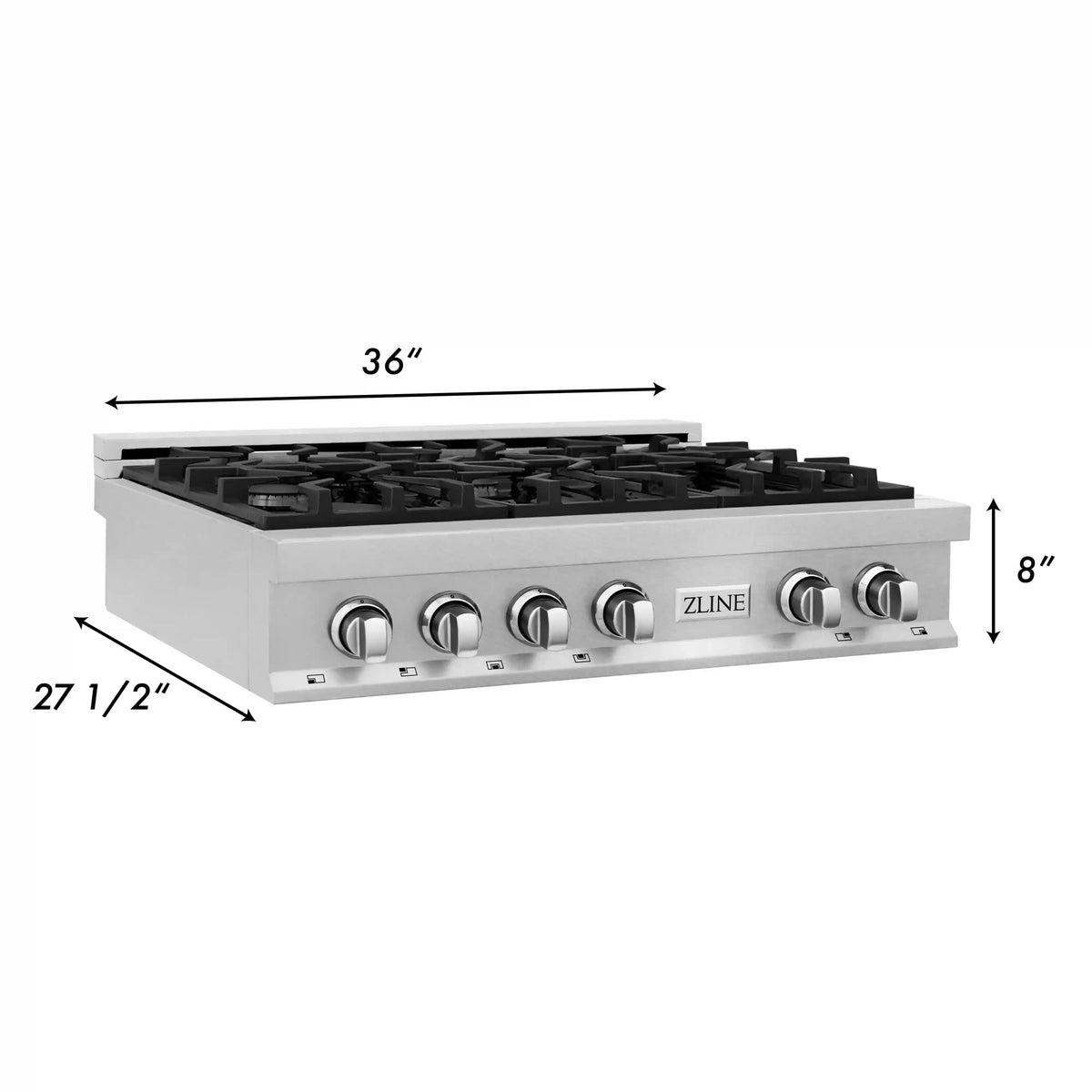 Stainless steel gas rangetop with black grates and front control knobs (36-inch)