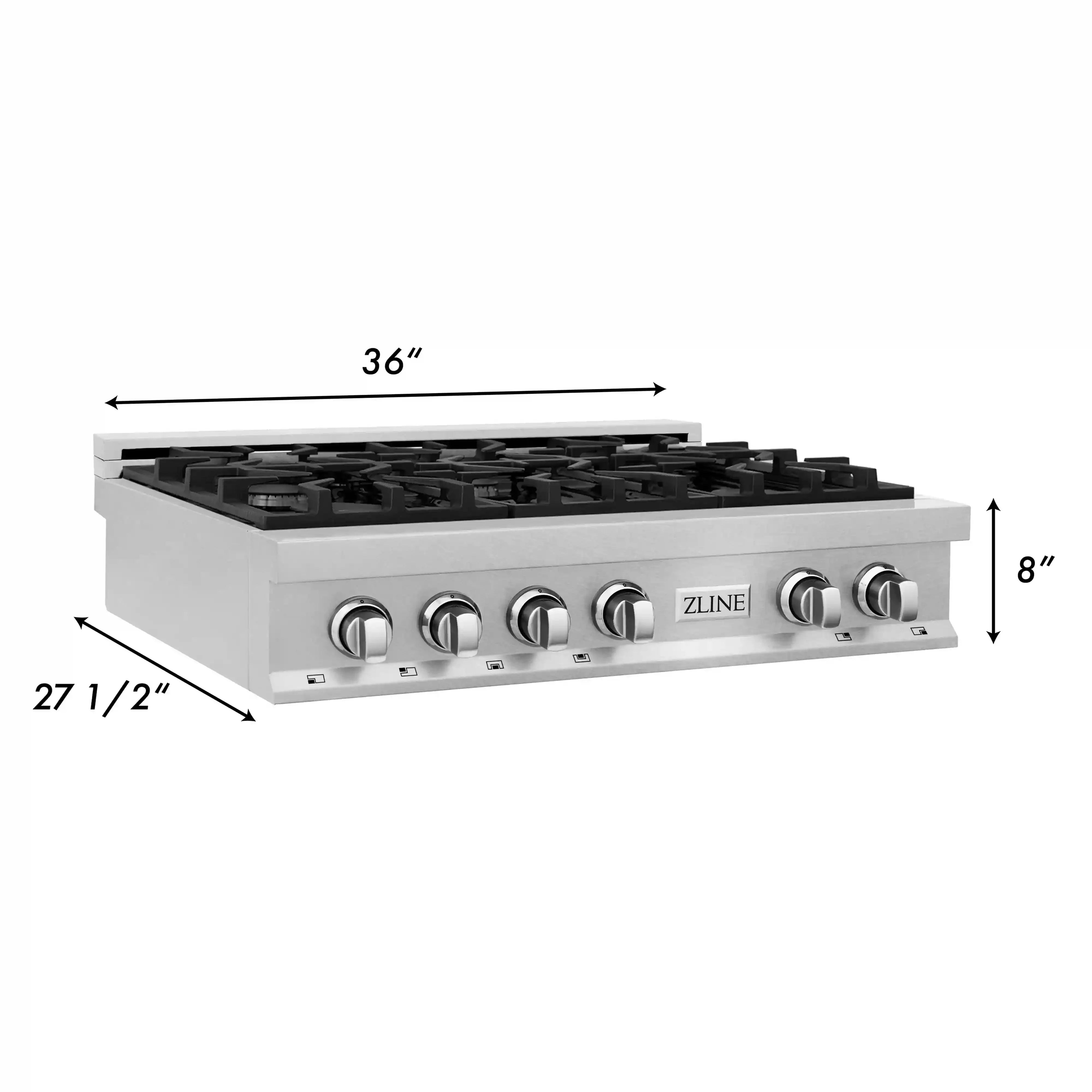36-inch stainless steel gas rangetop size diagram with height and width measurements