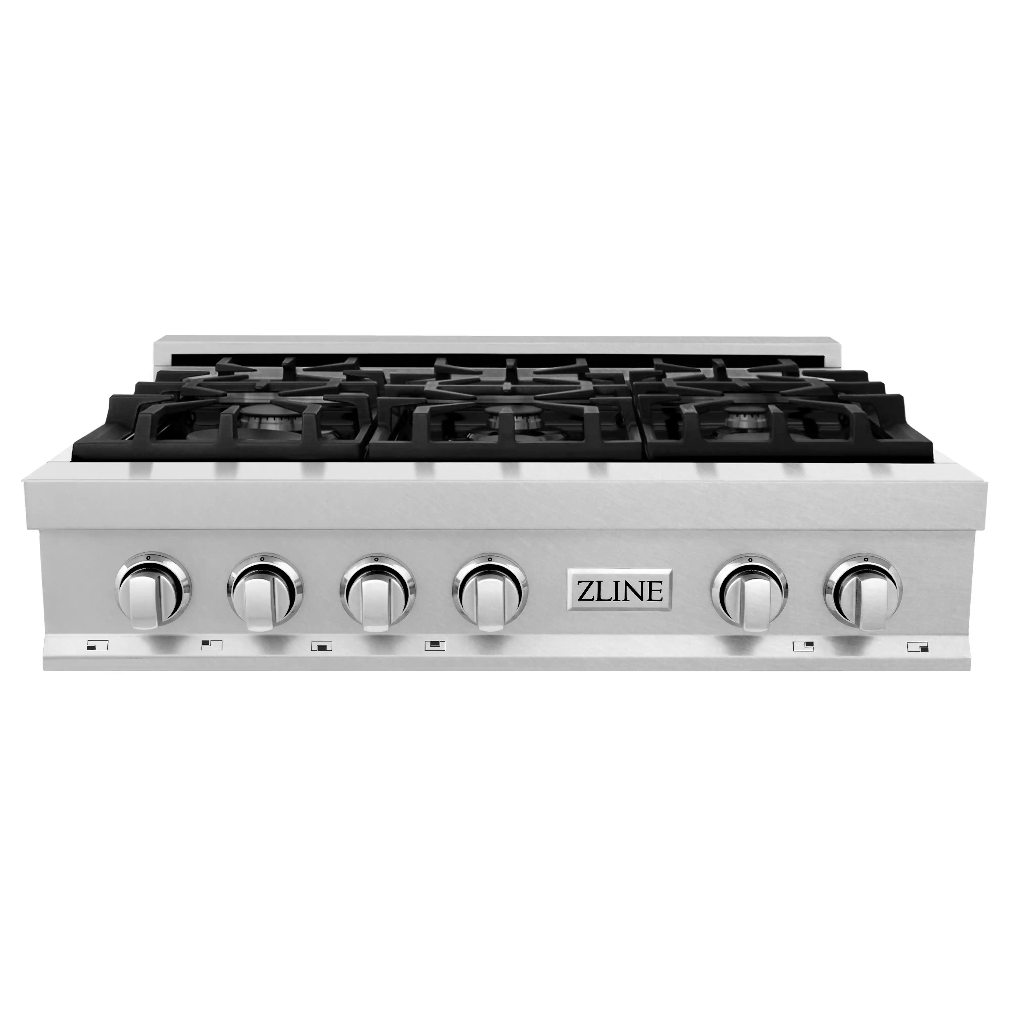 Stainless steel 36-inch gas rangetop with six black grates and control knobs, ZLINE logo
