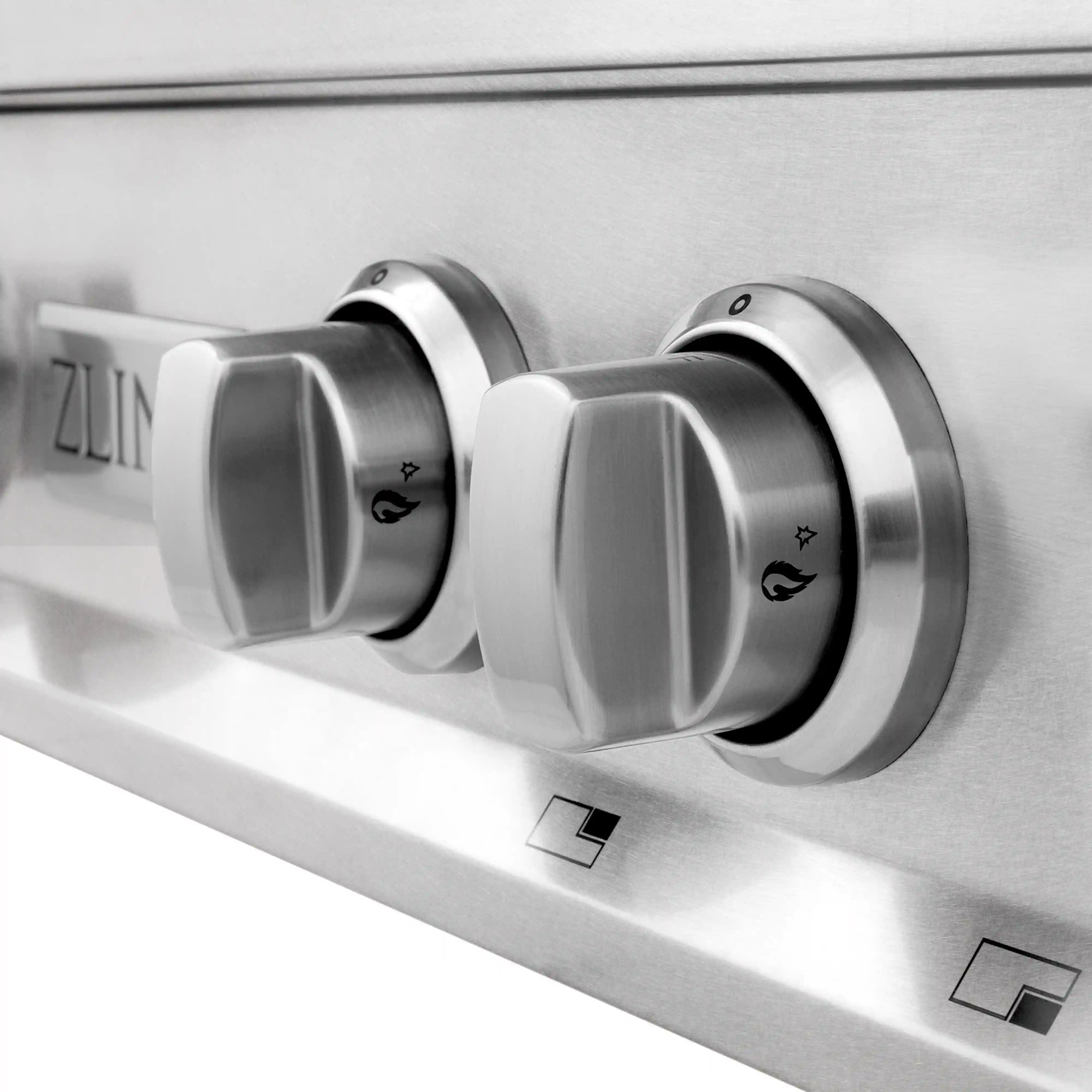 Brushed stainless steel rangetop control knobs with ZLINE markings