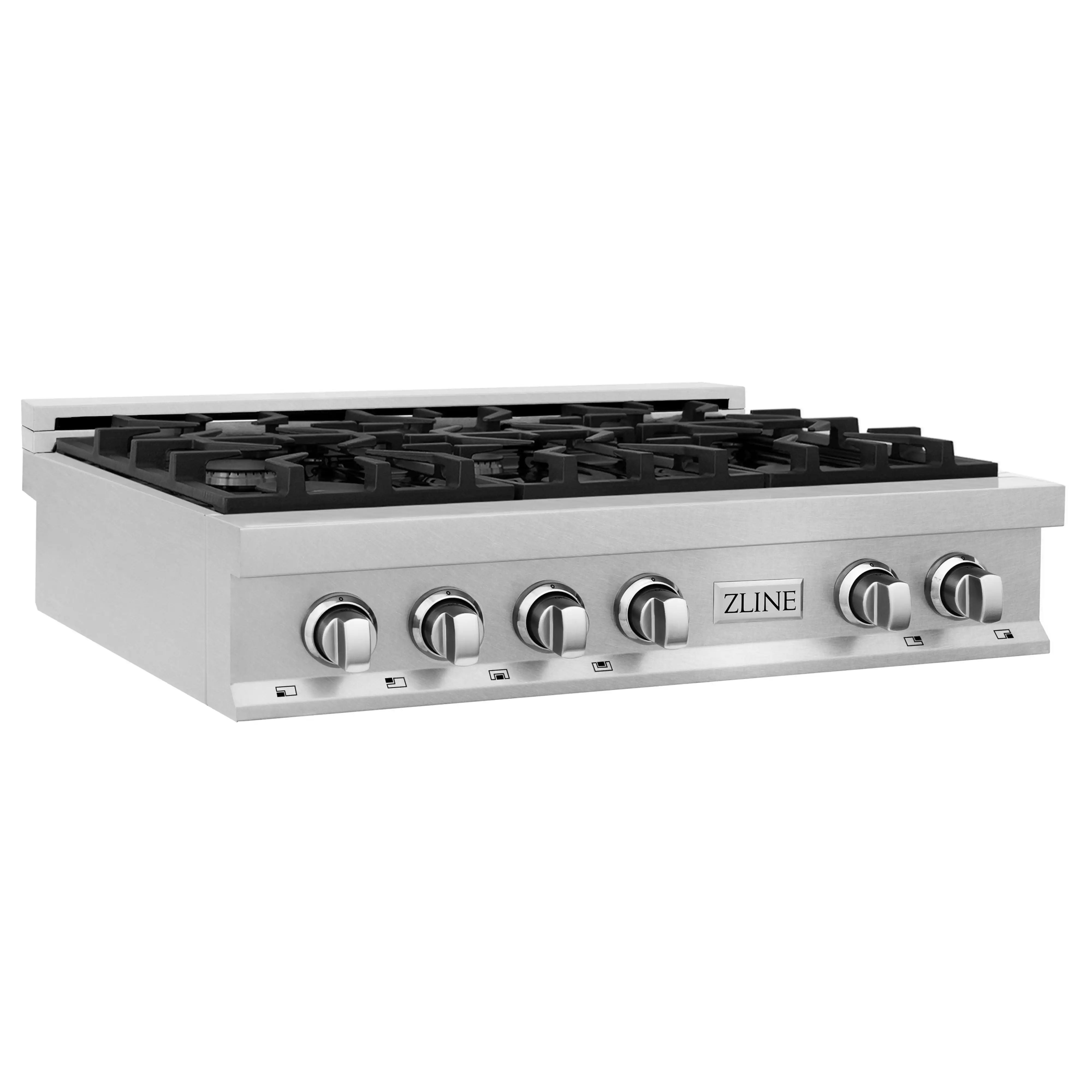 Stainless steel gas rangetop with black burner grates and six control knobs, ZLINE