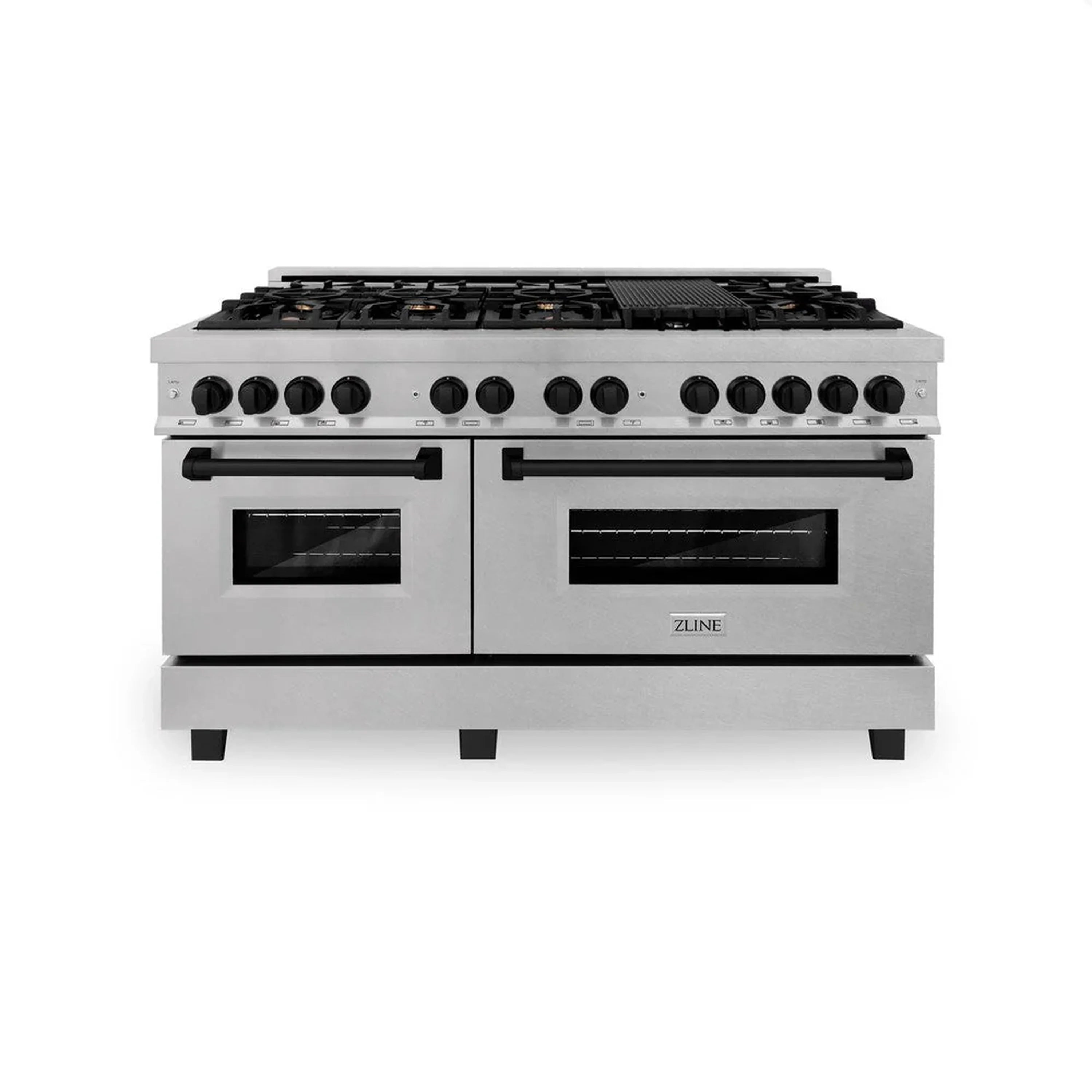 Stainless dual fuel range with black burner grates and two oven doors