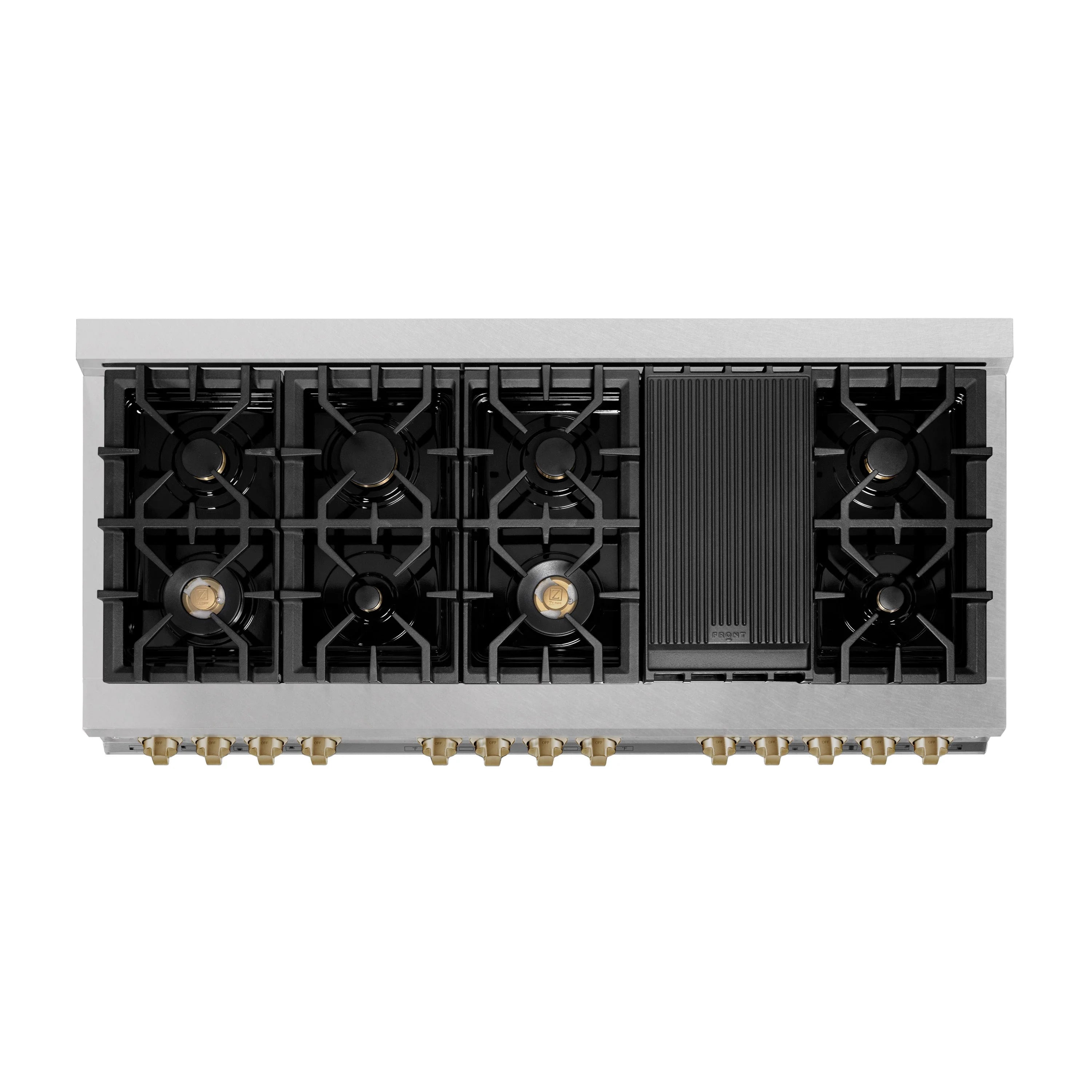 Dual fuel range cooktop with black burner grates and stainless control panel