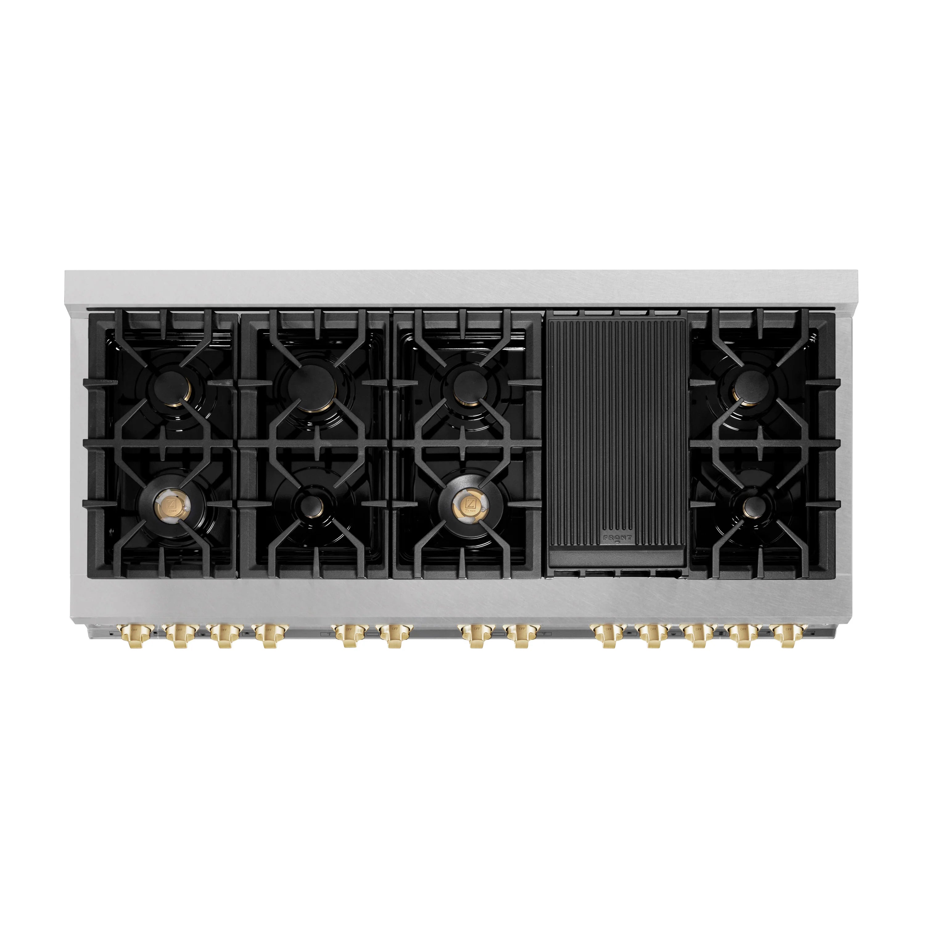 Dual fuel range cooktop with black burner grates and four gas burner heads