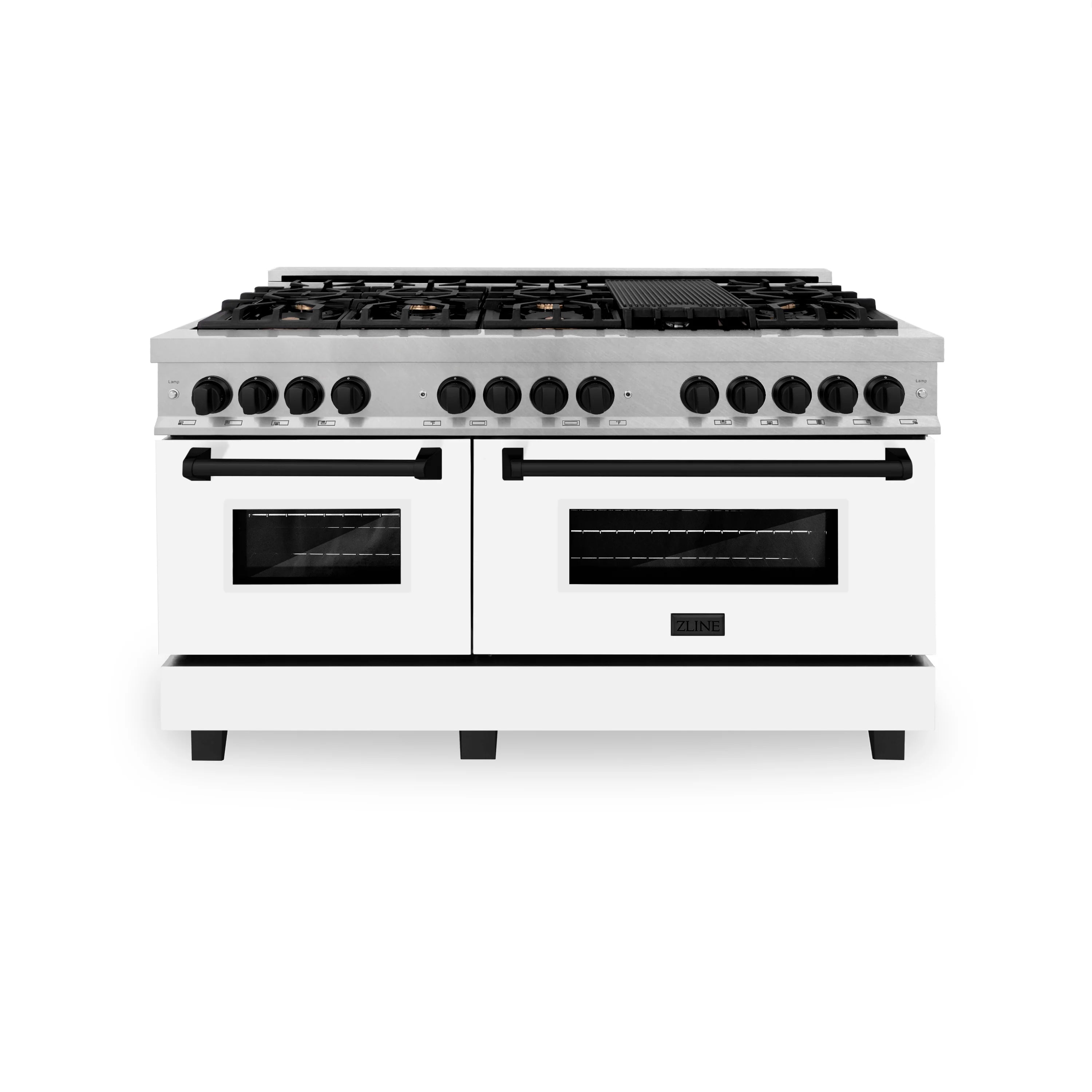 Dual fuel range with two black oven windows, black control knobs, and burner grates