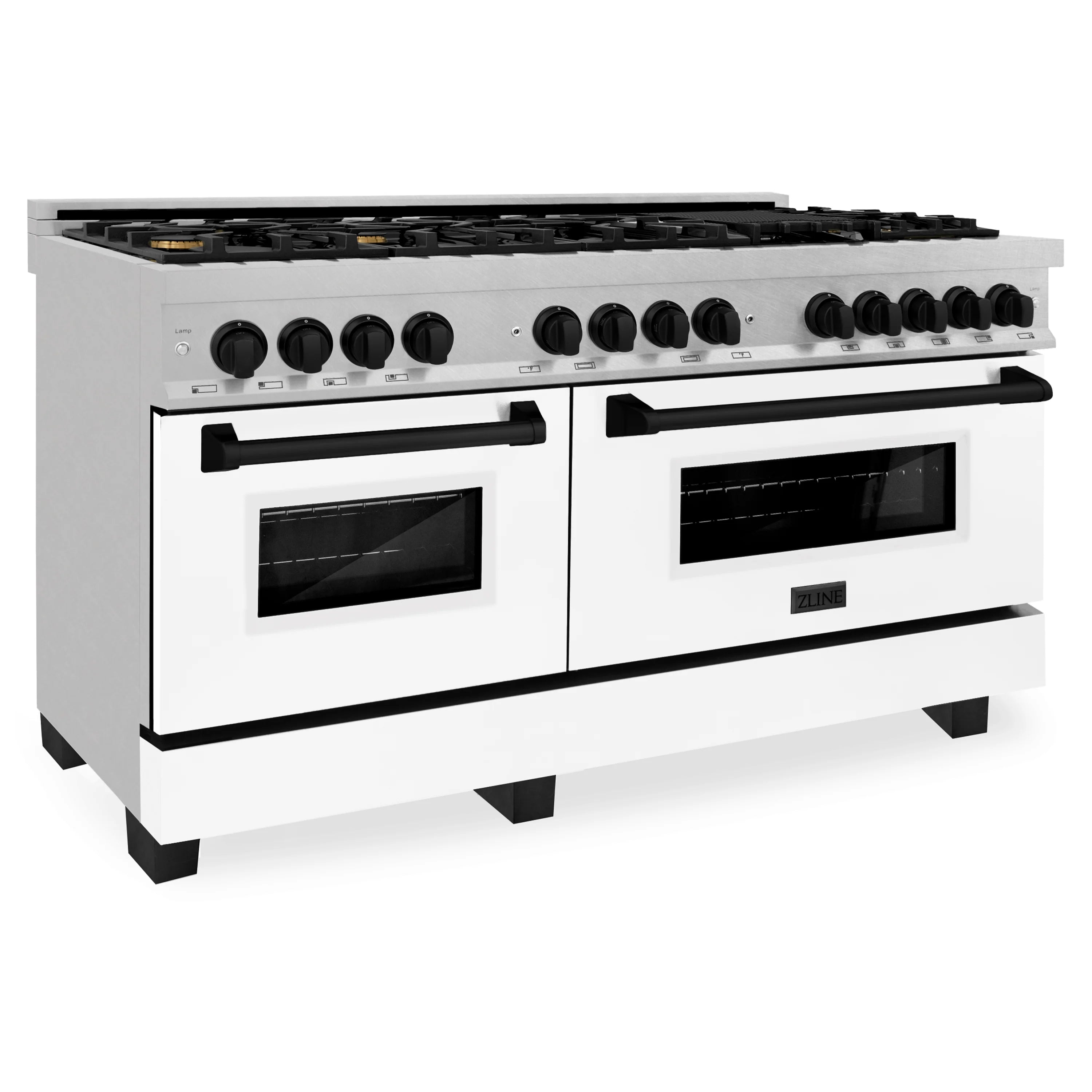 Dual fuel range front view with two oven doors and black knob row