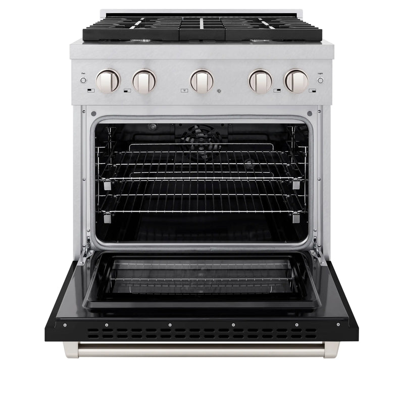 ZLINE 30-Inch 4.2 cu. ft. Paramount Dual Fuel Range with 4 Burner Gas Cooktop and Electric Convection Oven in DuraSnow® Stainless Steel with Black Matte Door (SDRS-BLM-30)