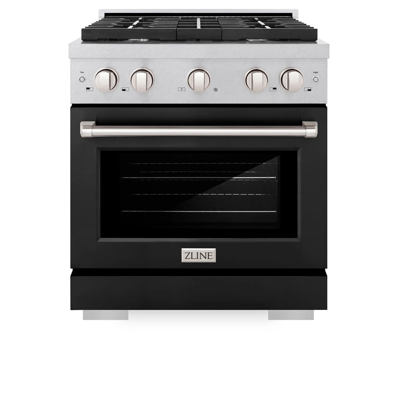 ZLINE 30-Inch 4.2 cu. ft. Paramount Dual Fuel Range with 4 Burner Gas Cooktop and Electric Convection Oven in DuraSnow® Stainless Steel with Black Matte Door (SDRS-BLM-30)