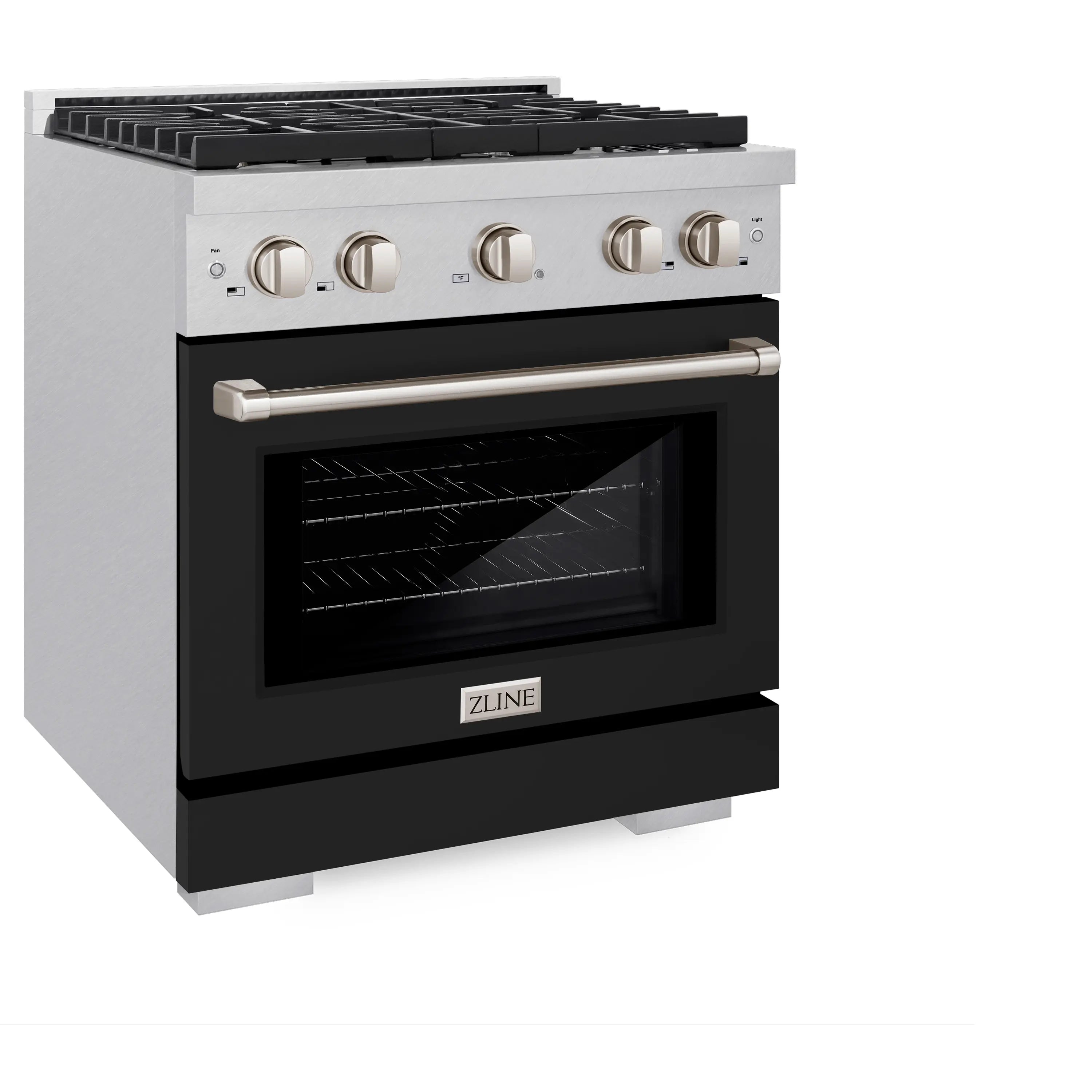 Satin stainless dual fuel range with black matte oven door and pull handle, front view