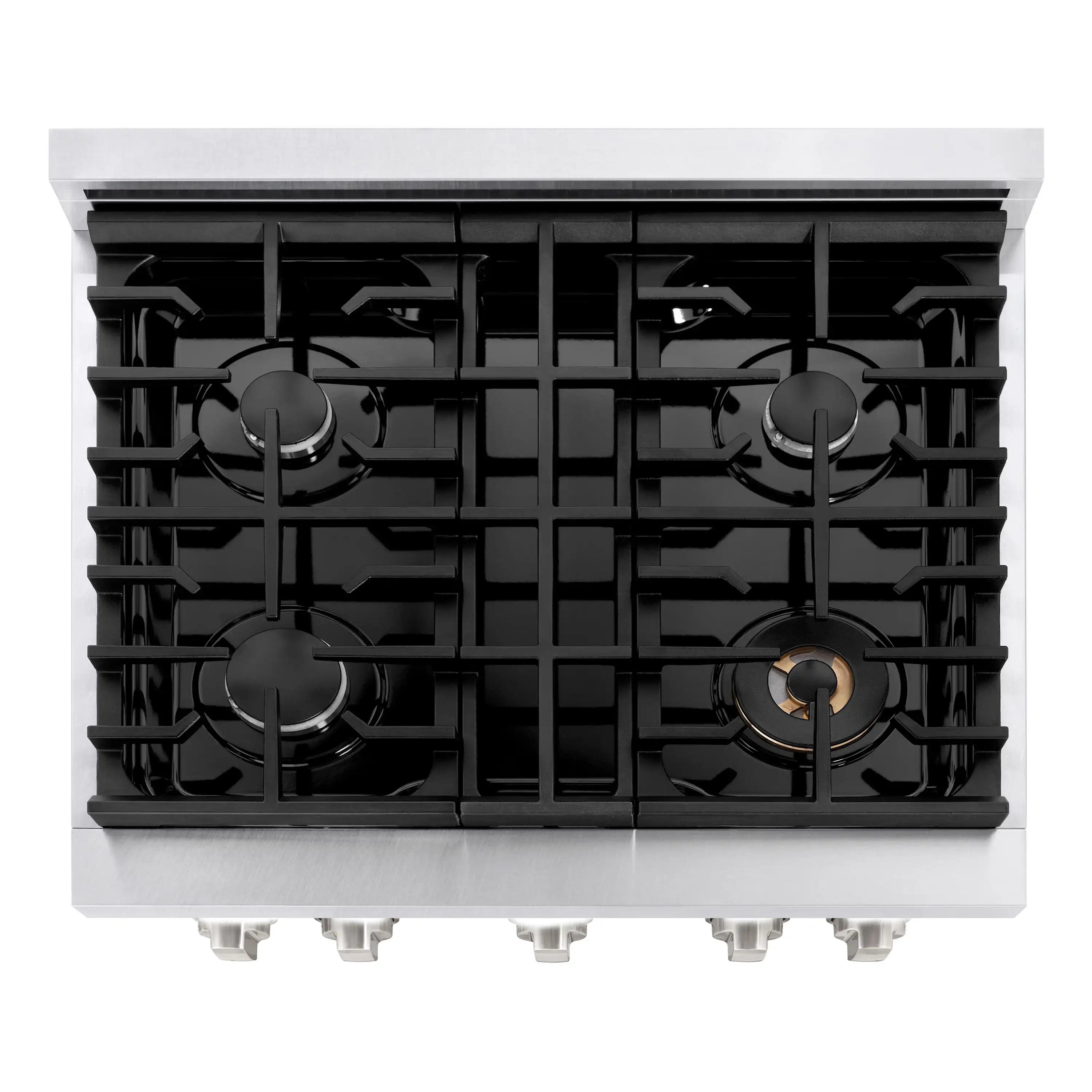 Black gas cooktop grates with four burner heads arranged in a square grid