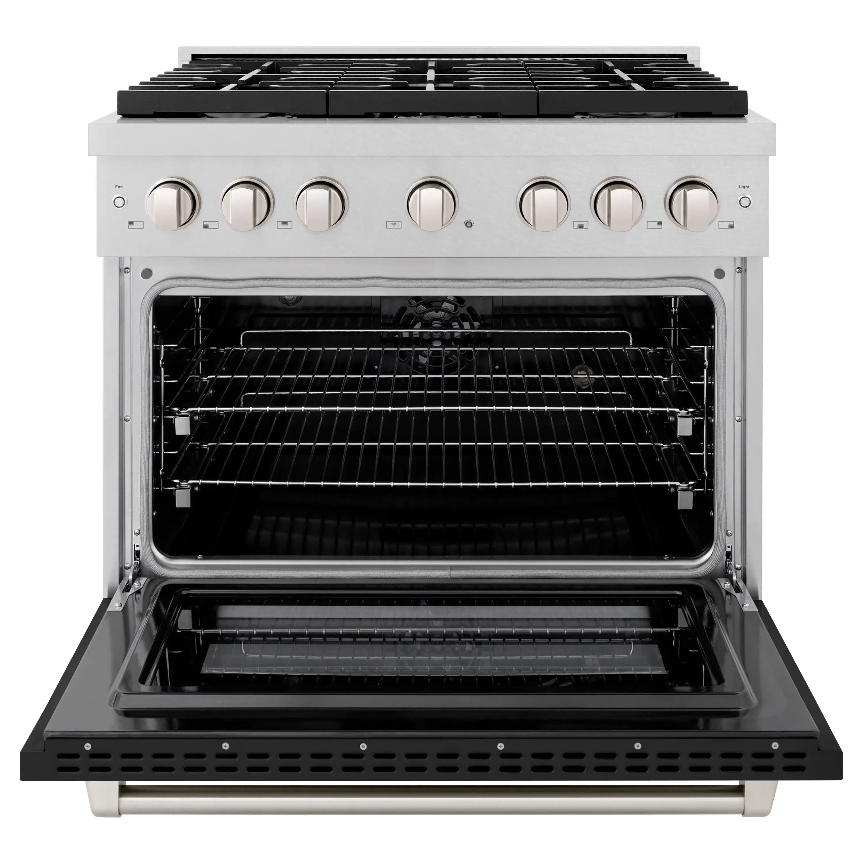 Dual-fuel range with open oven door showing racks and interior heating element