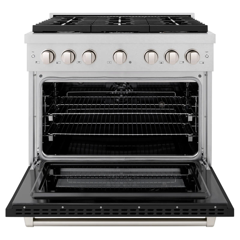 ZLINE 36-Inch 5.2 cu. ft. Paramount Dual Fuel Range with 6 Burner Gas Cooktop and Electric Convection Oven in DuraSnow Stainless Steel with Black Matte Door (SDRS-BLM-36)