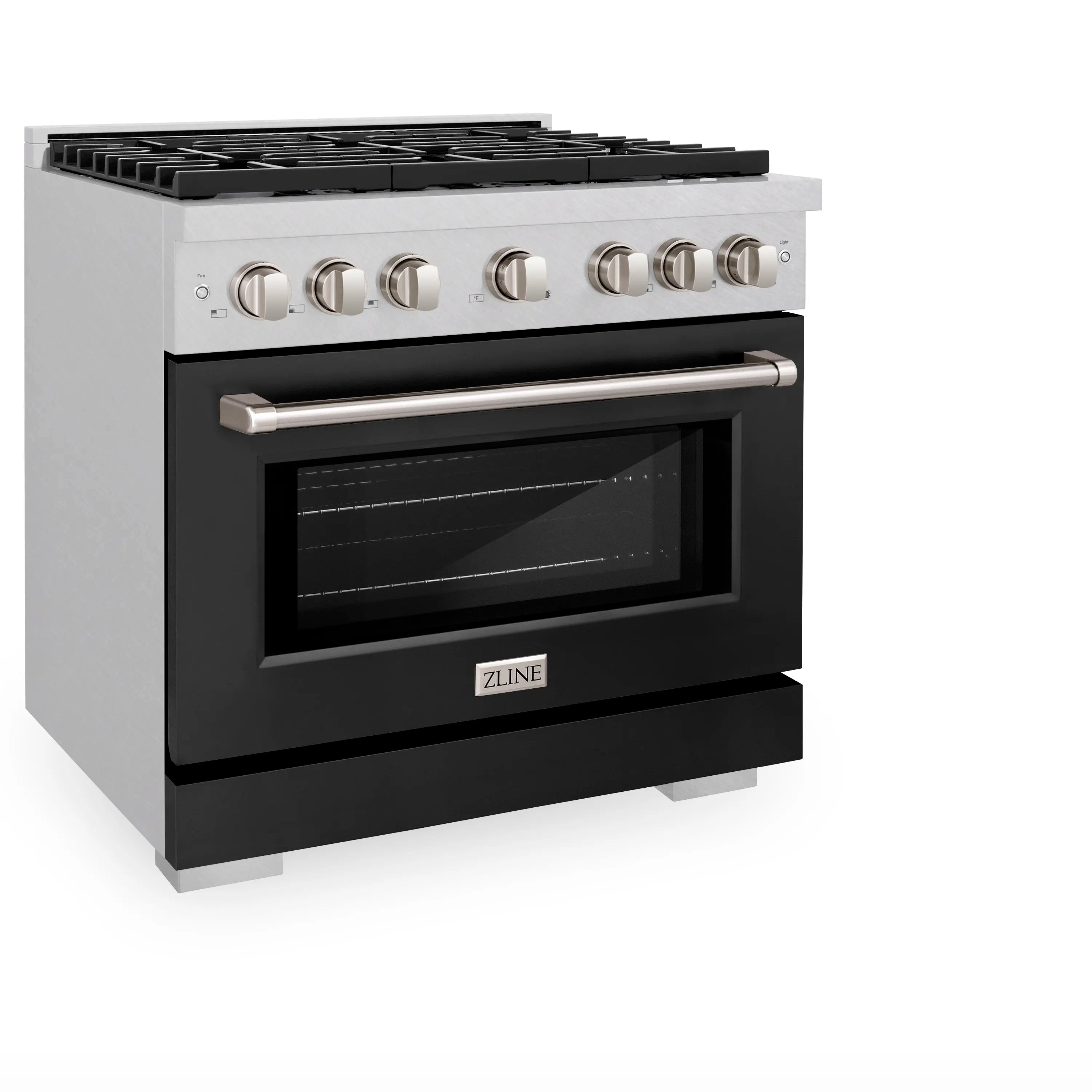 Dual-fuel range with black oven door, satin control panel, and top burner grates