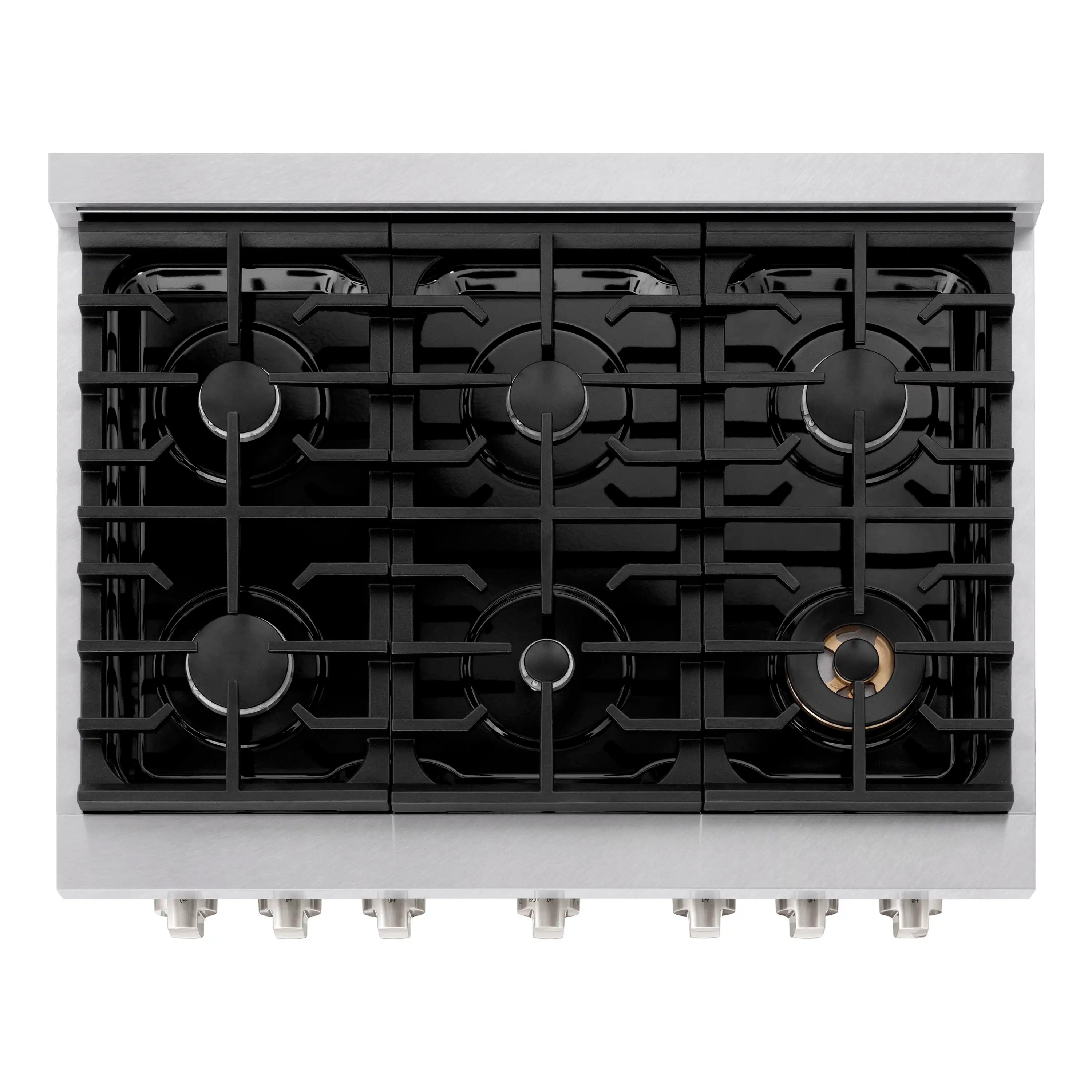 6-burner gas cooktop with black grates and burner caps