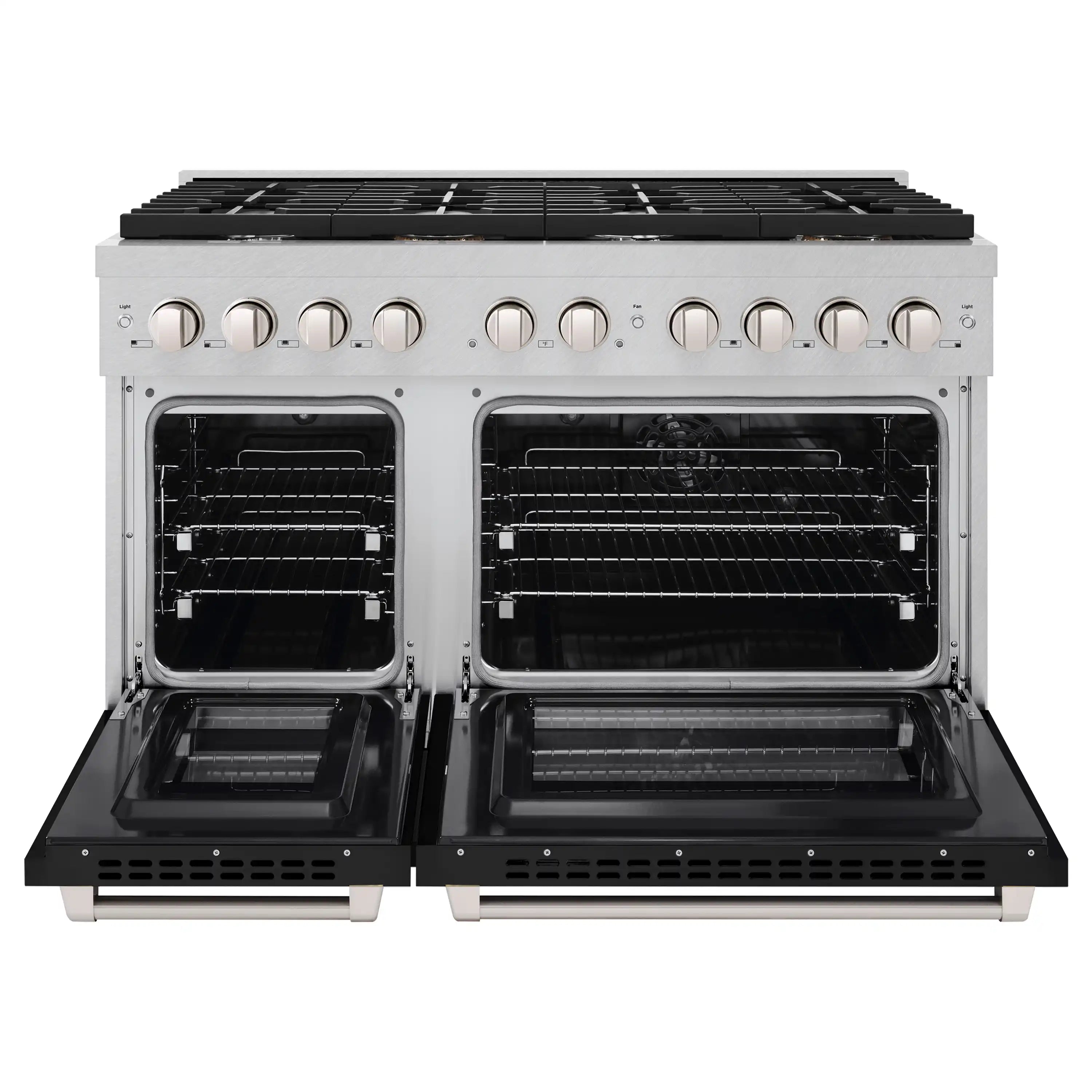 Dual oven door opened, showing two dark baking chambers and racks