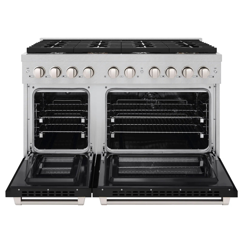 ZLINE 48-Inch 6.7 cu. ft. Paramount Double Oven Dual Fuel Range with 8 Burner Gas Cooktop in DuraSnow Stainless Steel with Black Matte Doors (SDRS-BLM-48)