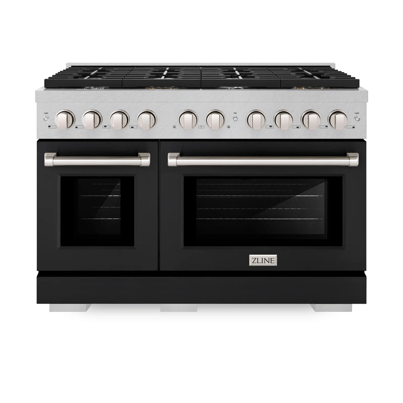 ZLINE 48-Inch 6.7 cu. ft. Paramount Double Oven Dual Fuel Range with 8 Burner Gas Cooktop in DuraSnow Stainless Steel with Black Matte Doors (SDRS-BLM-48)