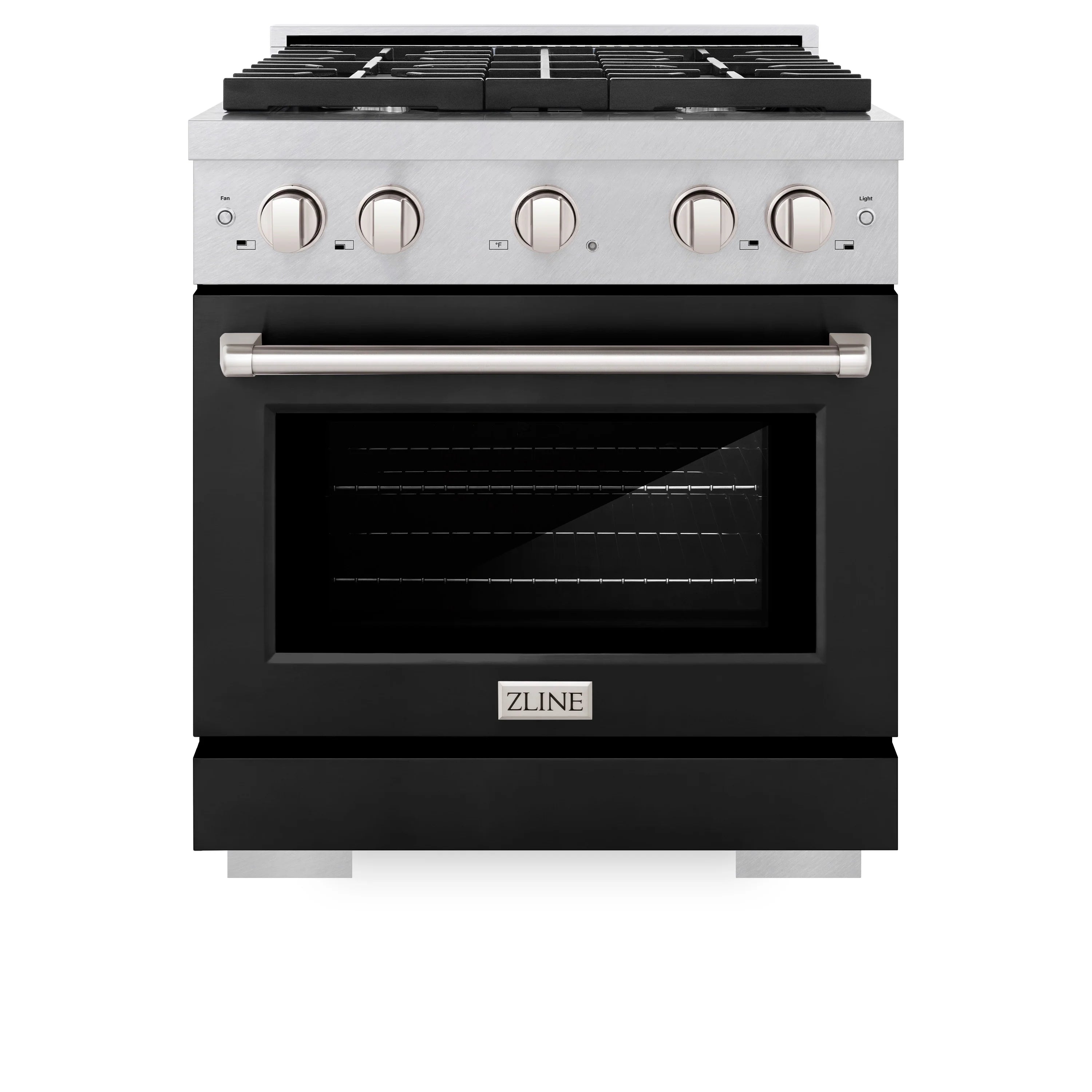 Black glass-oven gas range with stainless control knobs and center handle
