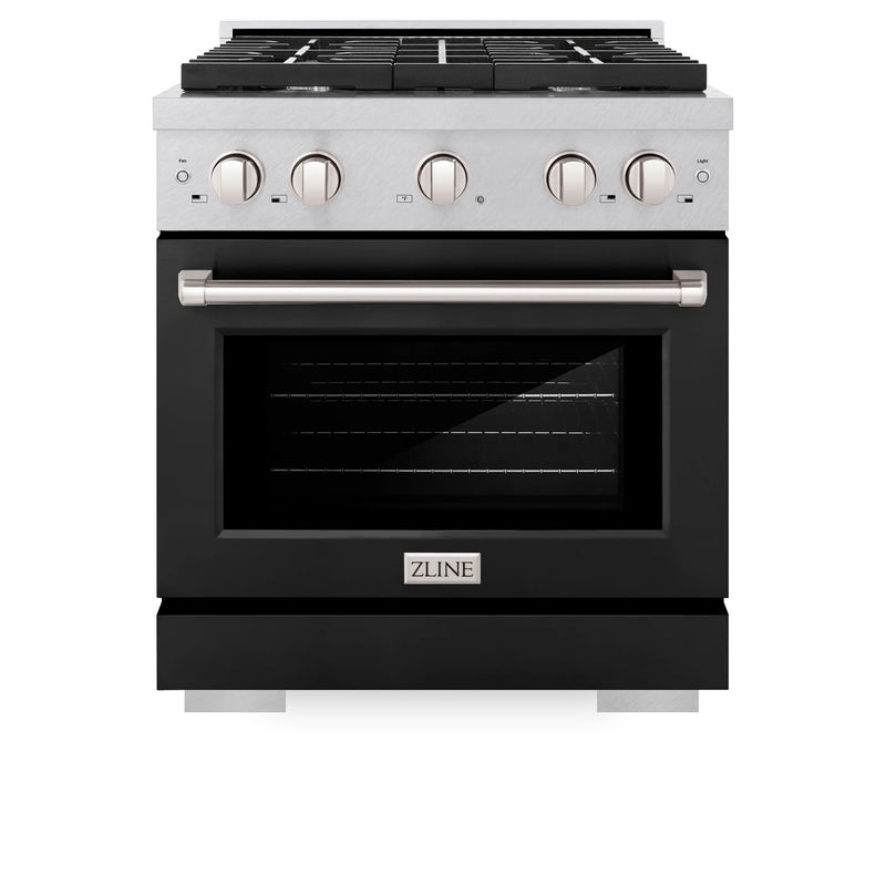 ZLINE 2-Piece Appliance Package - 30-inch Gas Range With Black Matte Door Dual & Premium Range Hood in DuraSnow Stainless Steel (2KP-RGSBLMRH30)