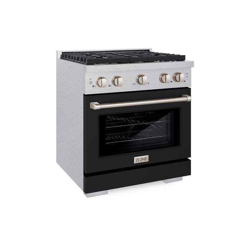 ZLINE 30-Inch 4.2 cu. ft. Paramount Gas Range with 4 Burner Cooktop and Convection Gas Oven in DuraSnow Stainless Steel with Black Matte Door (SGRS-BLM-30)