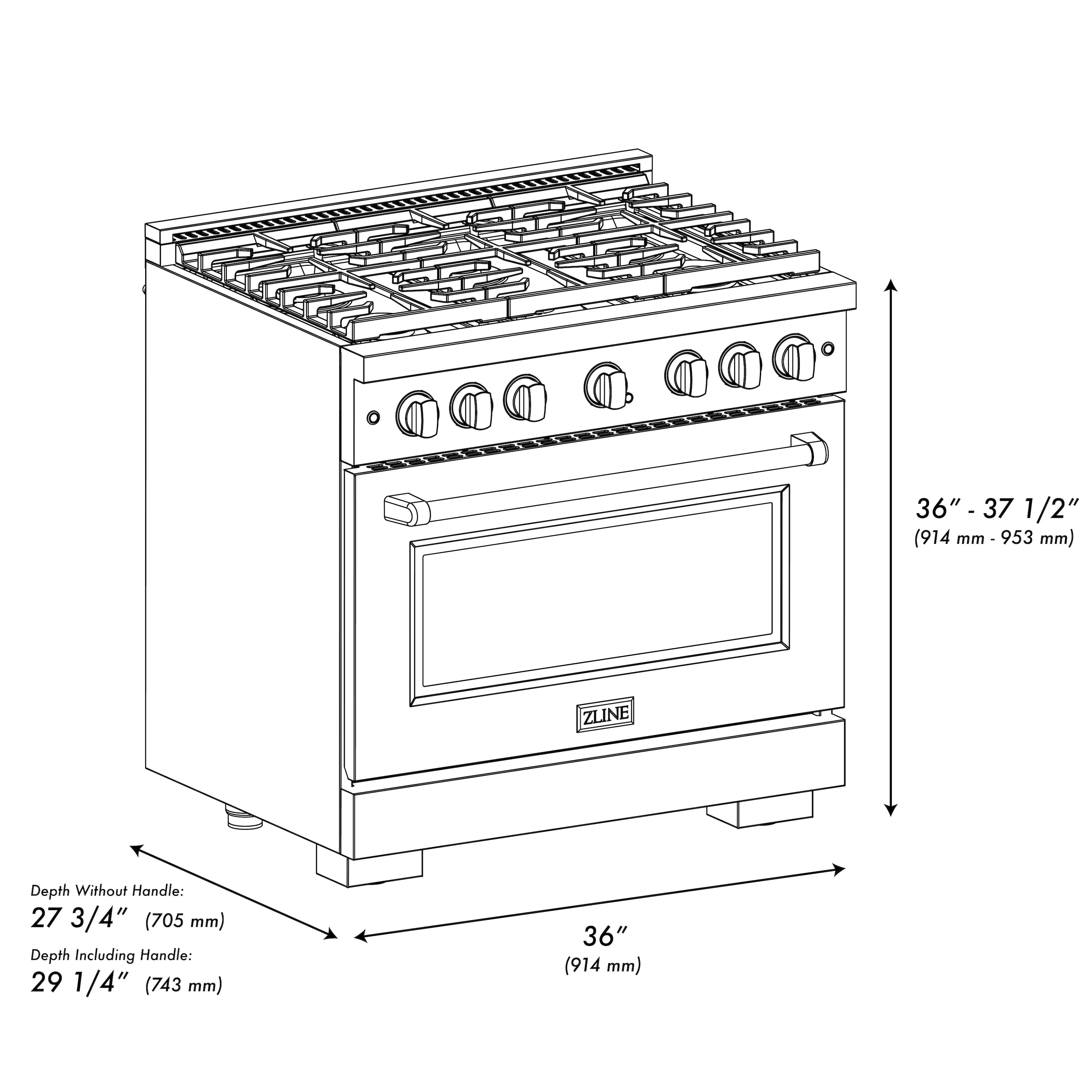 36-inch gas range side view with control panel and vented burner top, dimensions shown