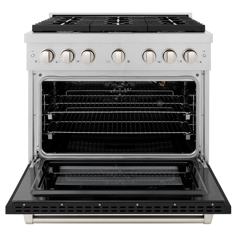 ZLINE 36-Inch Paramount Gas Range with 6 Burner Cooktop and 5.2 cu. ft. Convection Gas Oven in DuraSnow® Stainless Steel with Black Matte Door (SGRS-BLM-36)