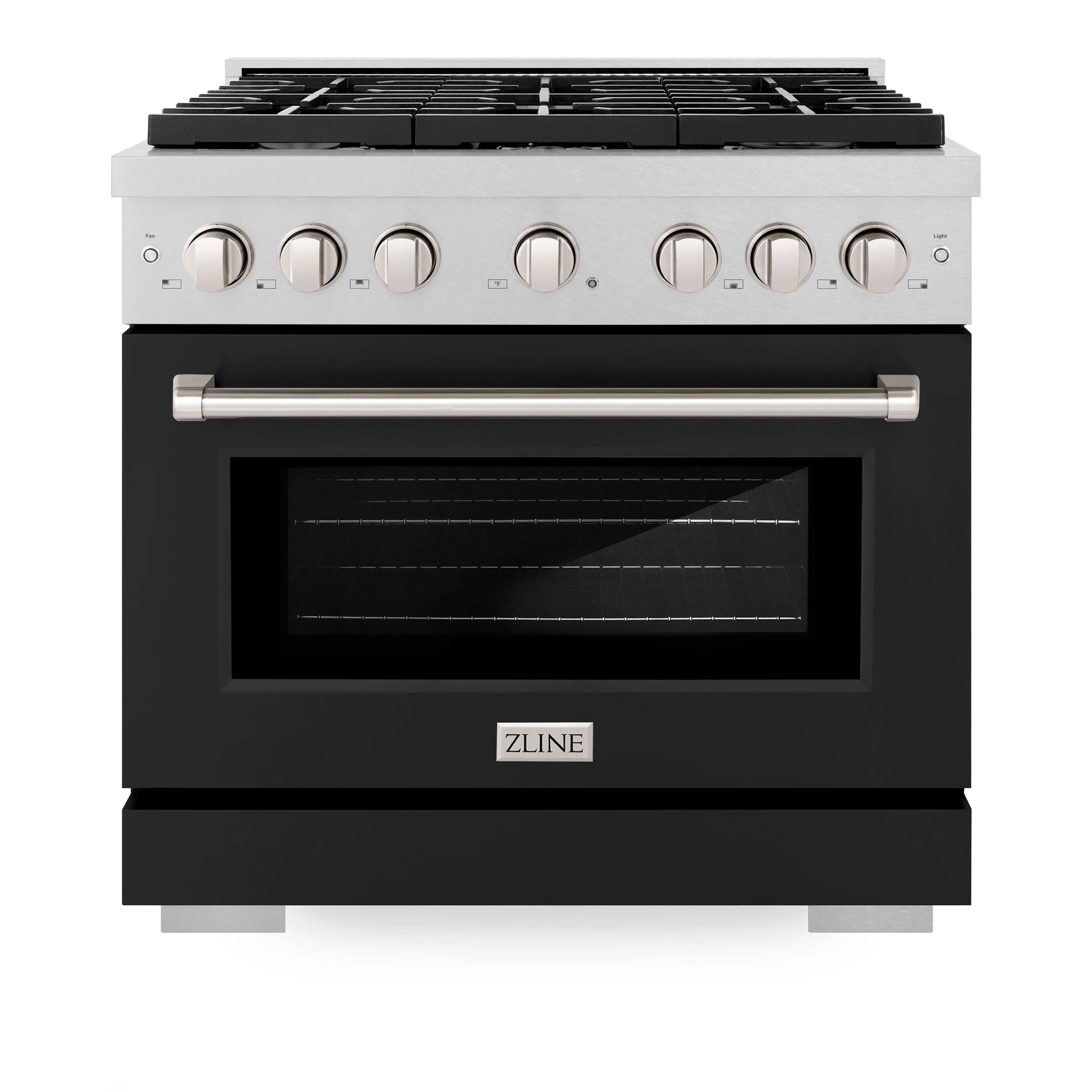 Stainless and black gas range front view with control knobs and viewing window