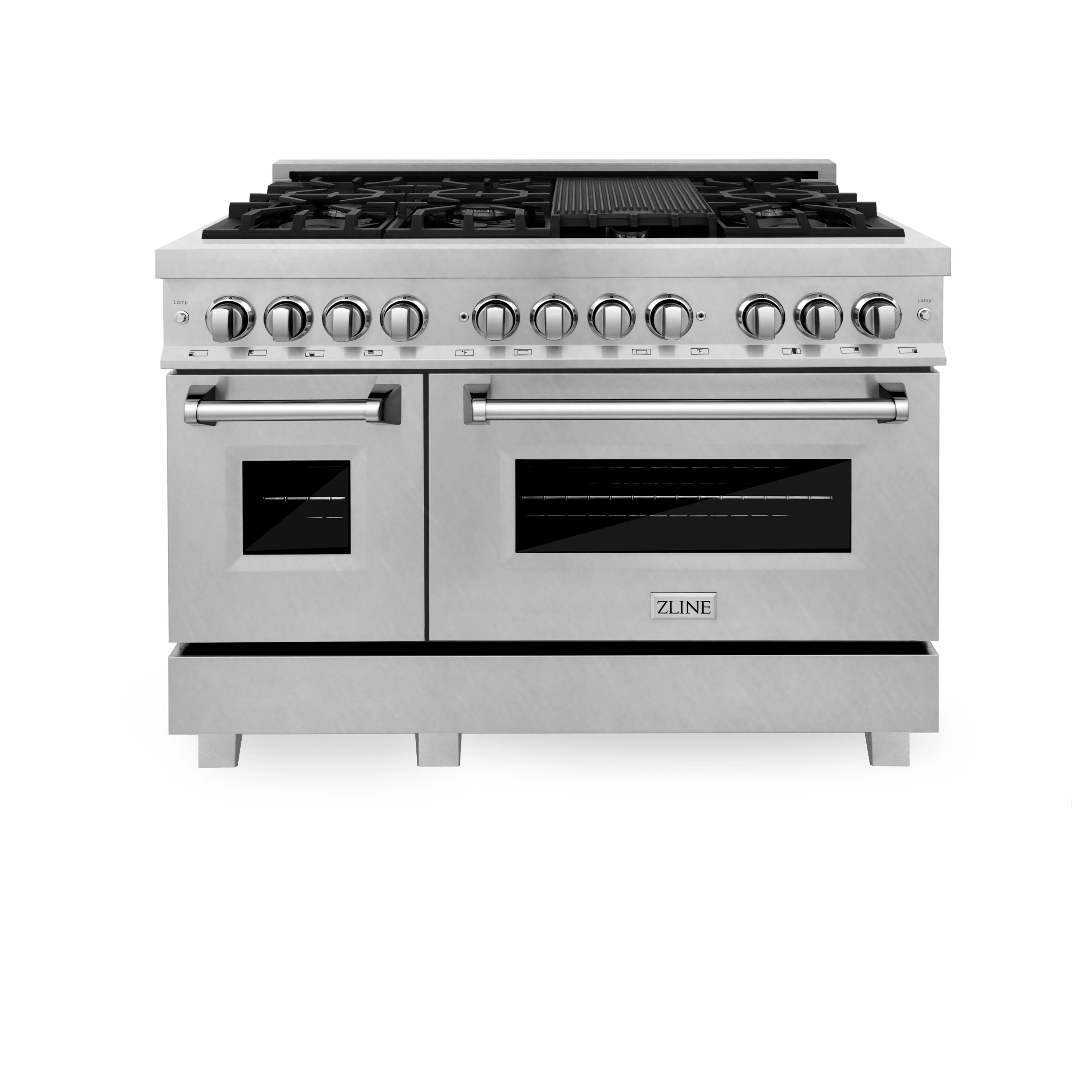 Stainless steel dual fuel range with black burner grates and two glass oven doors