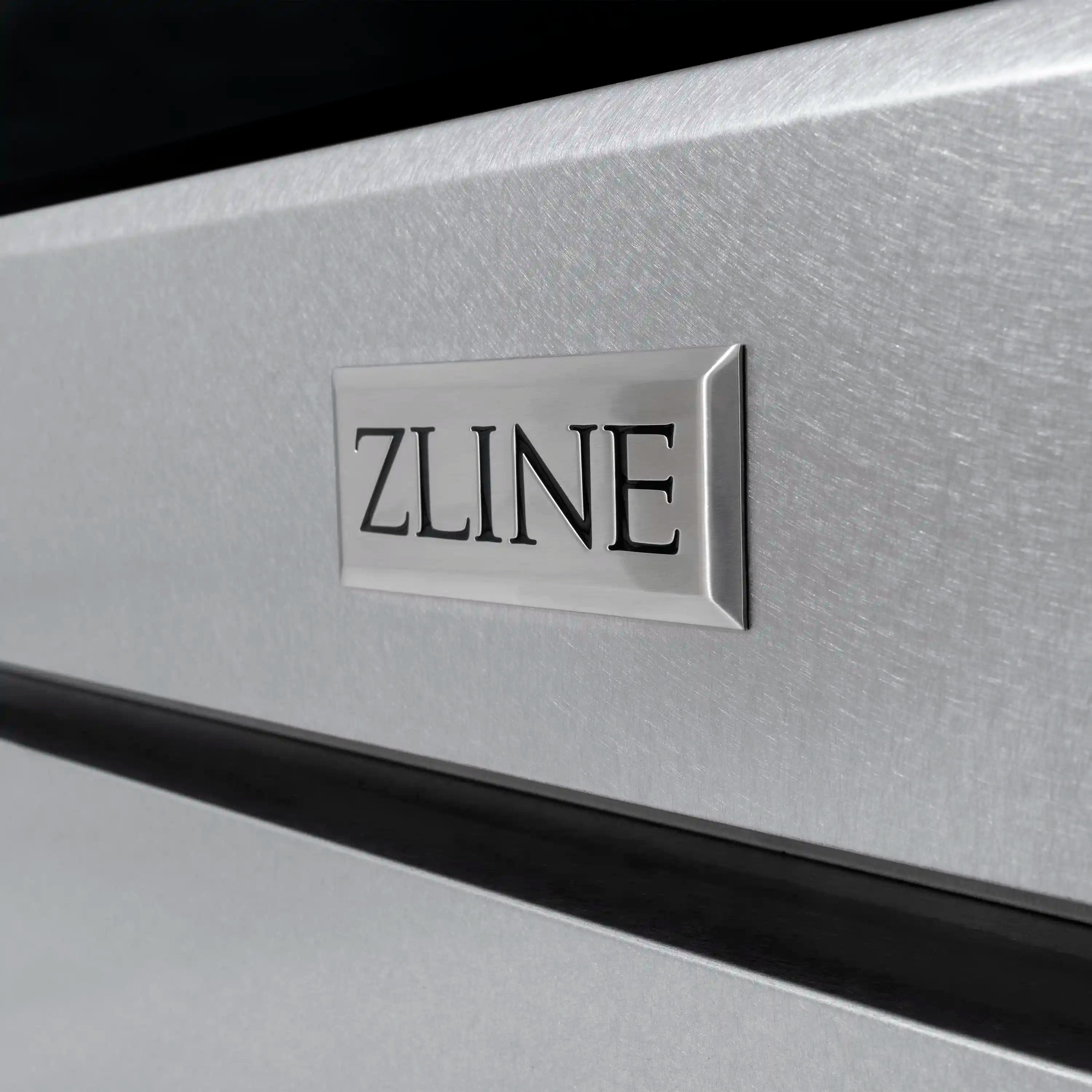ZLINE logo on satin stainless steel control panel of the dual fuel range