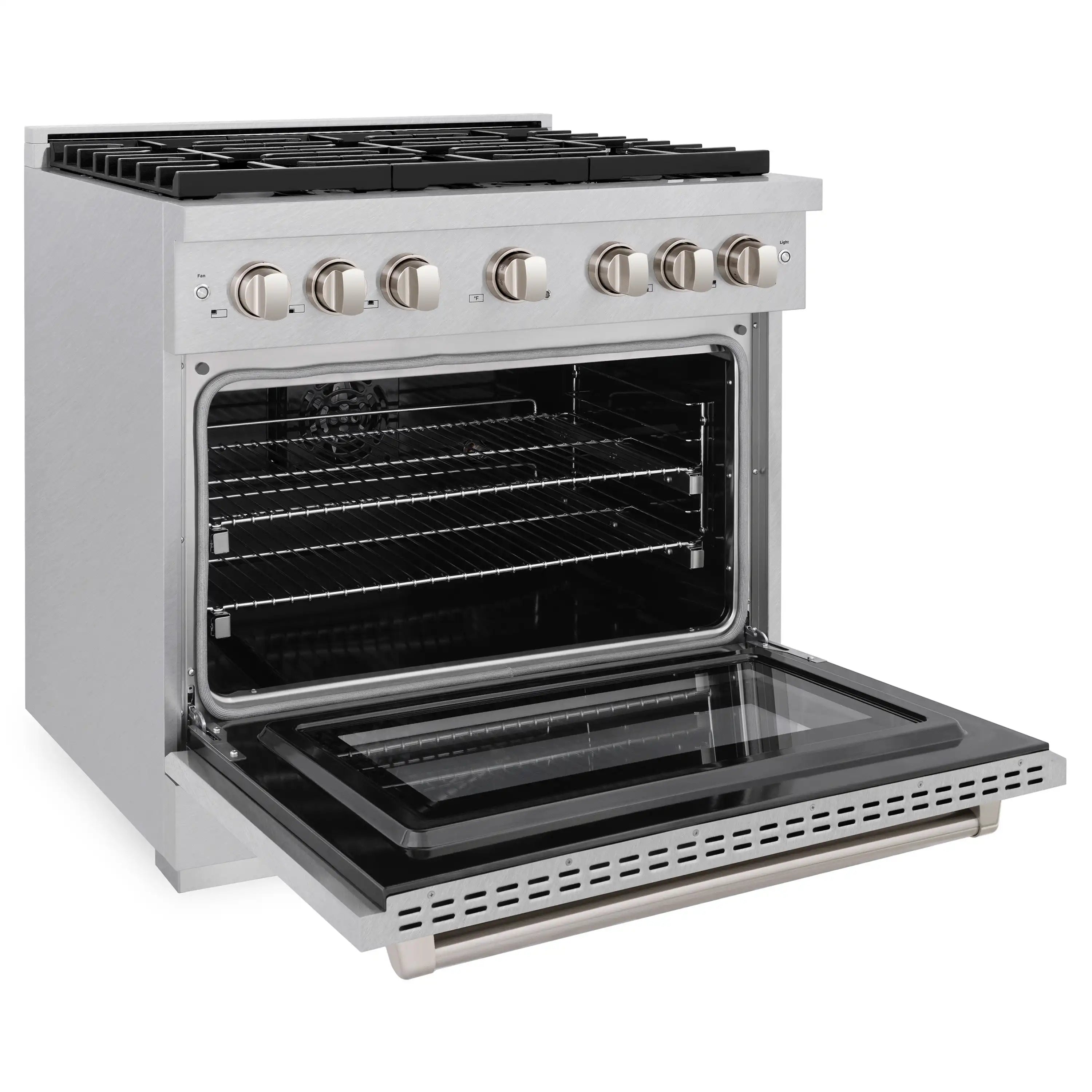 Satin stainless steel dual fuel range with open electric convection oven and 6 burners