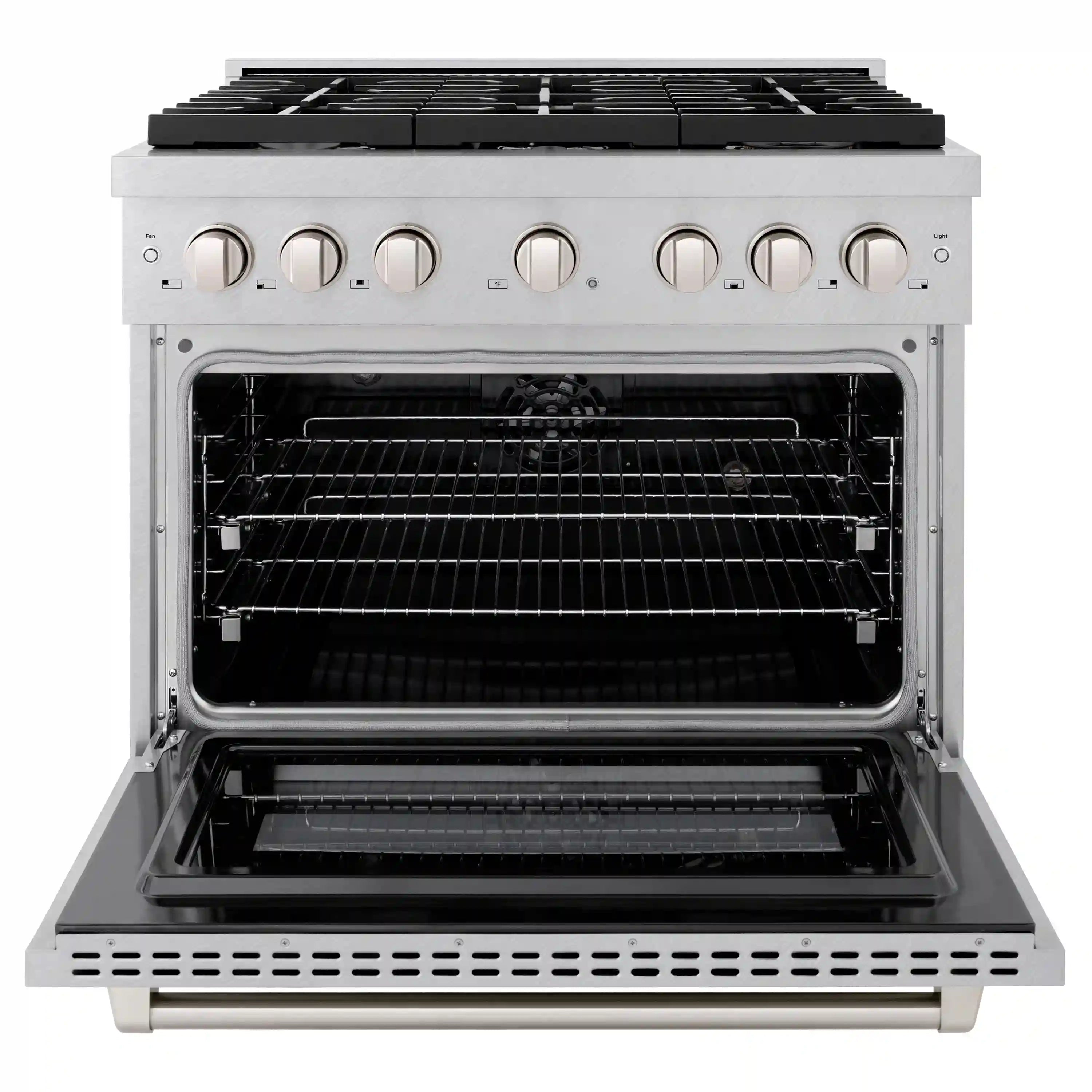 Satin stainless steel dual fuel range with open electric convection oven door