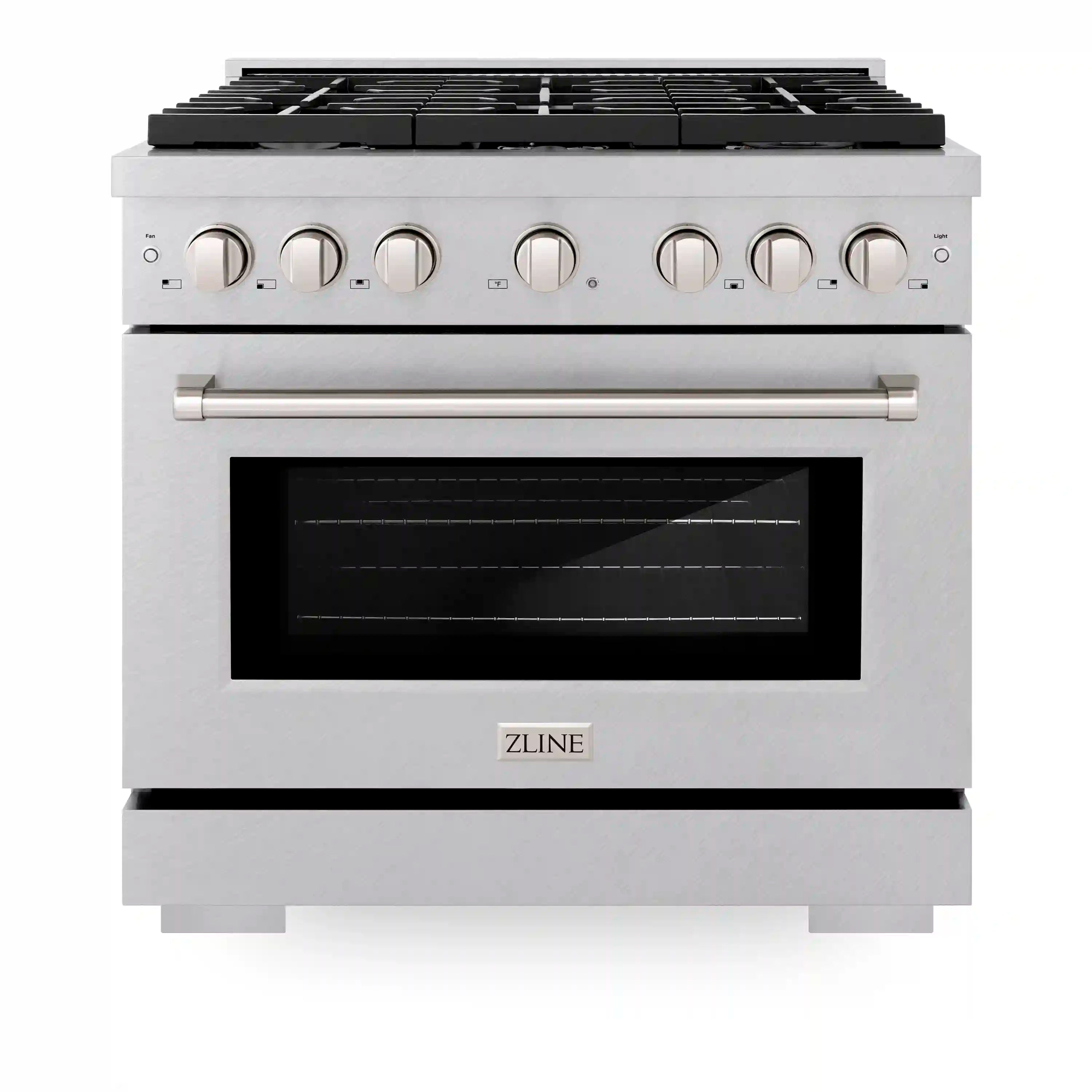 Satin stainless steel dual fuel range with 6-burner cooktop and oven window