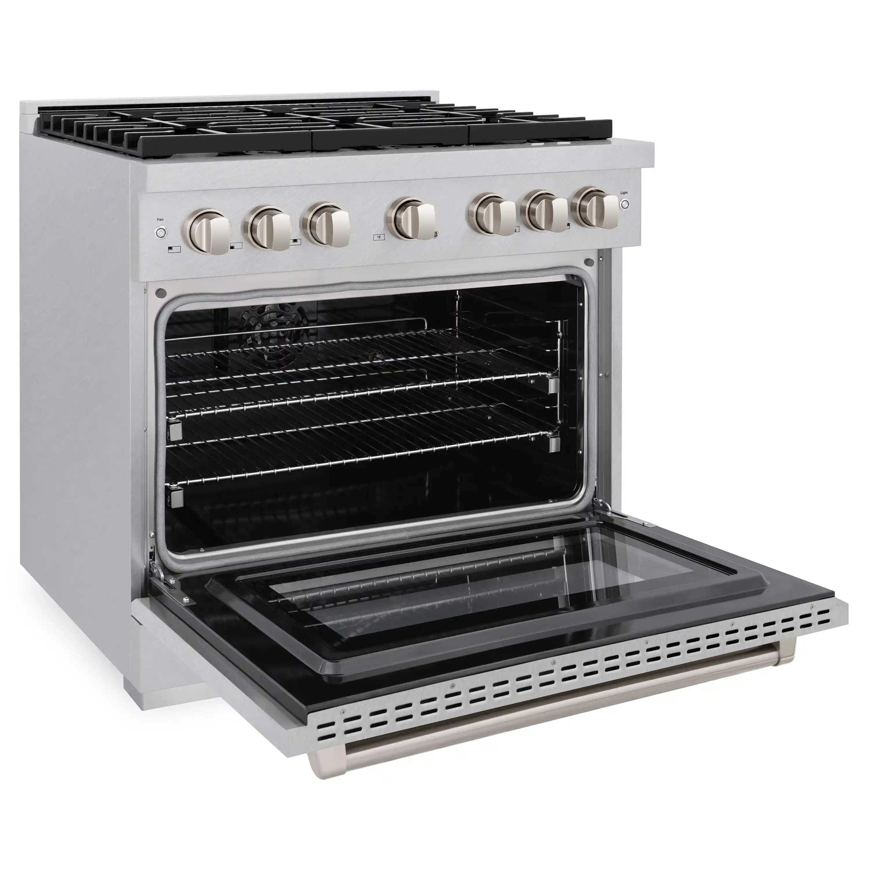 Satin stainless steel range with open convection oven and removable rack