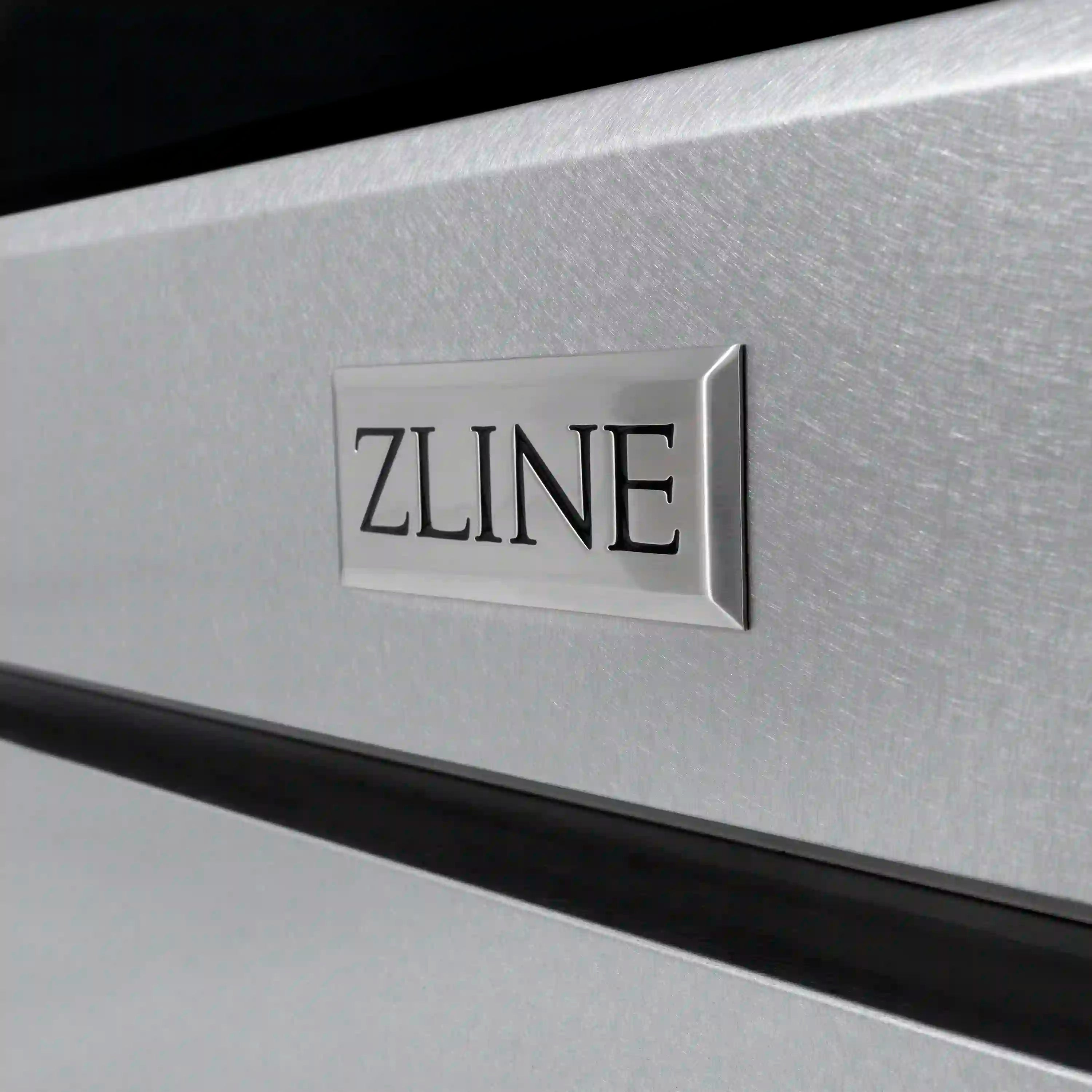 ZLINE logo plate on satin stainless steel oven door